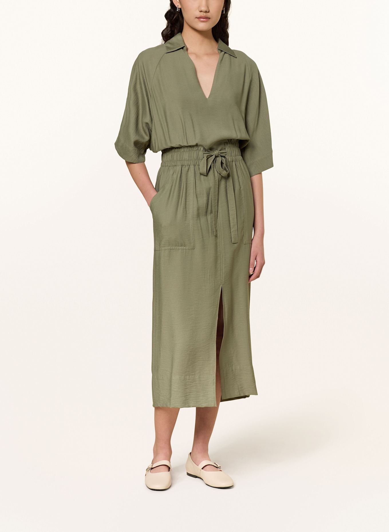 【海外限定】REISSワンピース☆Khaki Cecilia Shirred-Waist Mid REISS Dress CECILIA in khaki