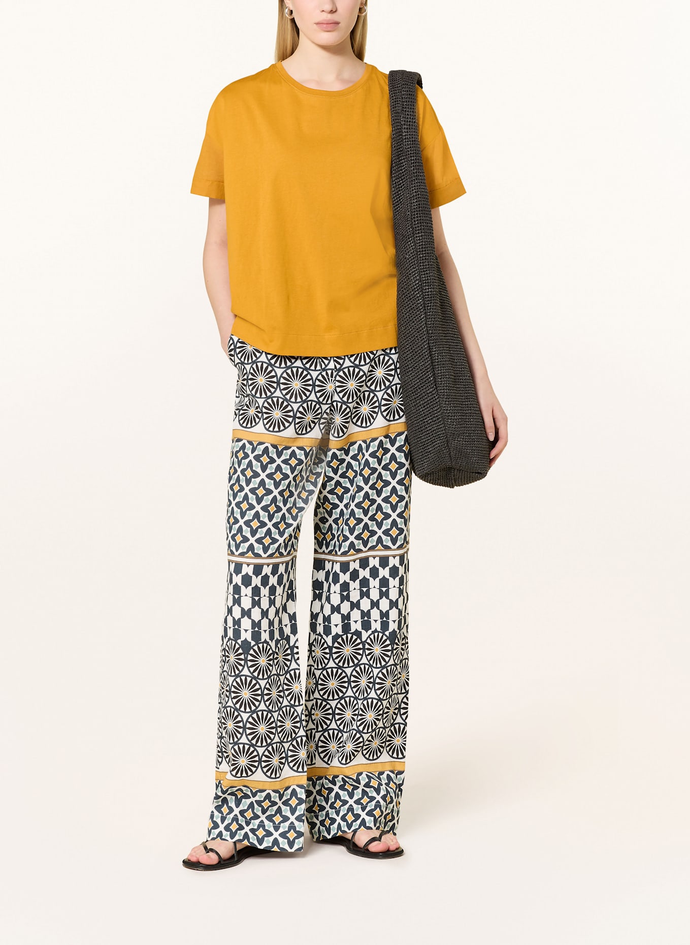 Marc O'Polo Marlenehose aus Leinen: SCHWARZ / WEISS / DUNKELGELB