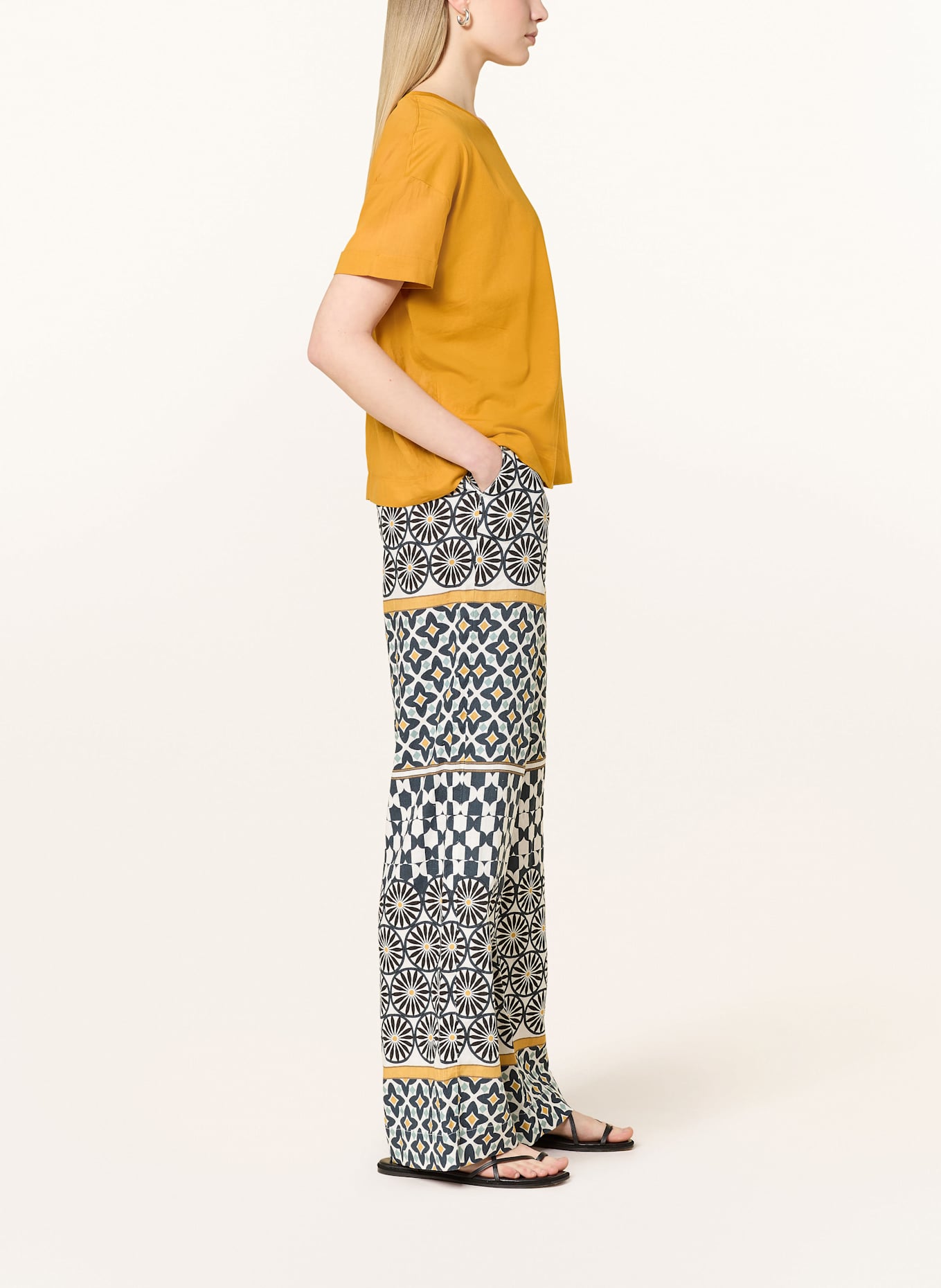 Marc O'Polo Marlenehose aus Leinen: SCHWARZ / WEISS / DUNKELGELB