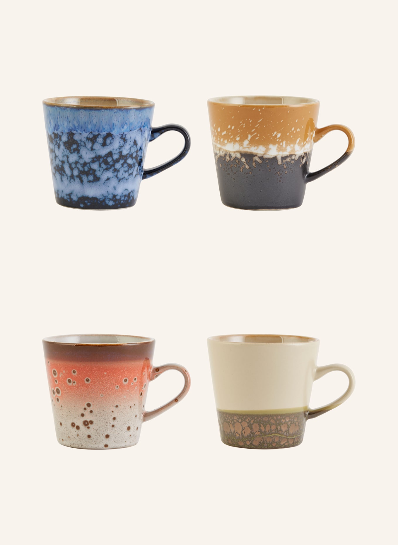 hkliving Set van 4 PEGASUS-bekers met handvat: ZWART / BLAUW / CRÈME