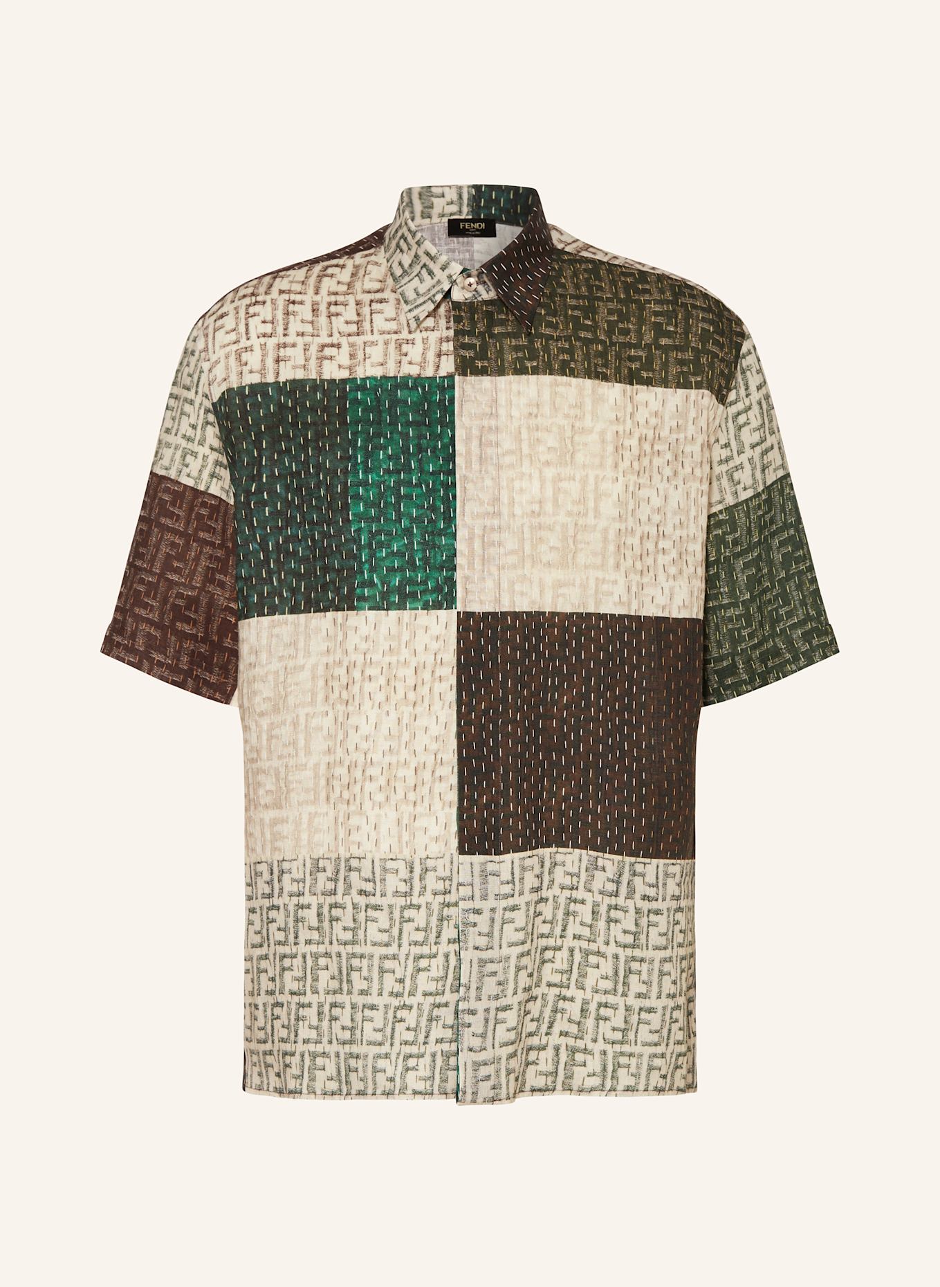 FENDI Kurzarm-Hemd Regular Fit aus Leinen: CREME/ GRÜN/ BRAUN