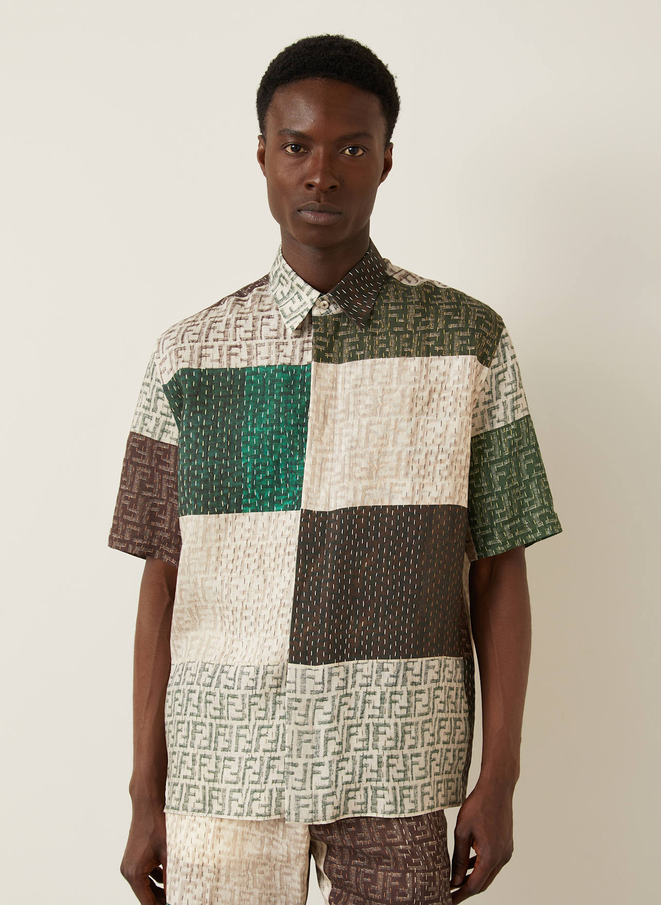FENDI Kurzarm-Hemd Regular Fit aus Leinen: CREME/ GRÜN/ BRAUN