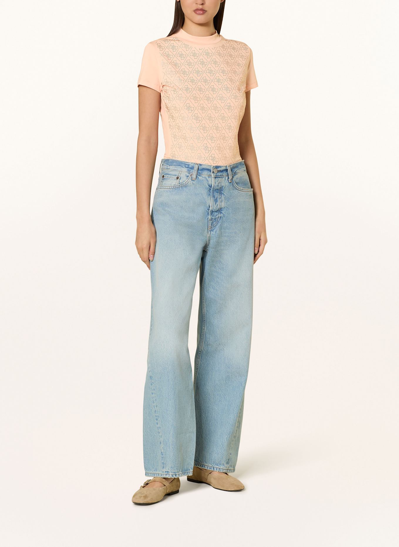 GUESS T-shirt with decorative gems: LIGHT RED/ BEIGE