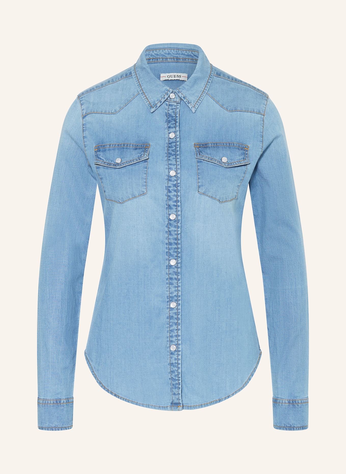 GUESS RILEY denim look shirt blouse: LIGHT BLUE