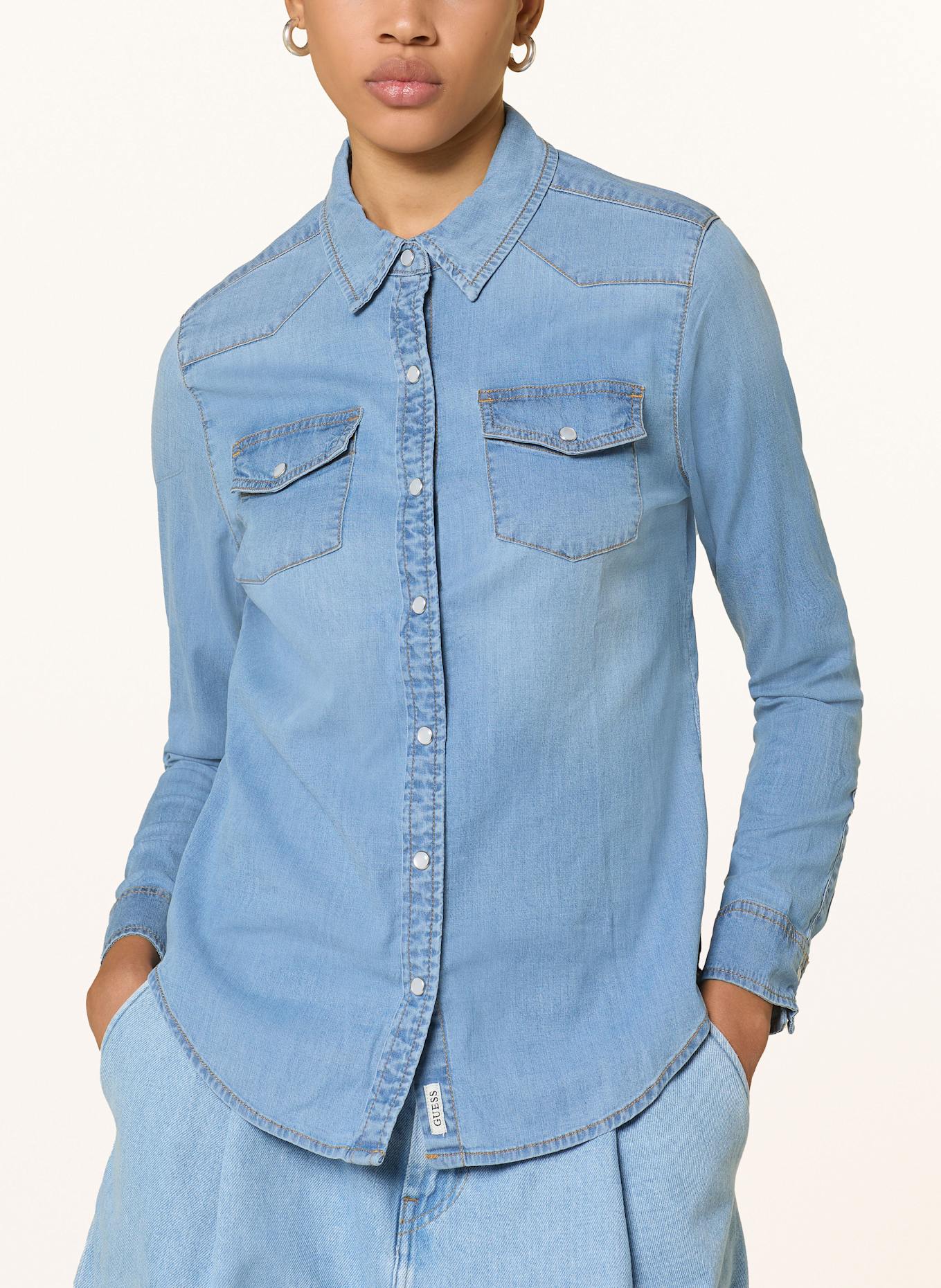 GUESS RILEY denim look shirt blouse: LIGHT BLUE