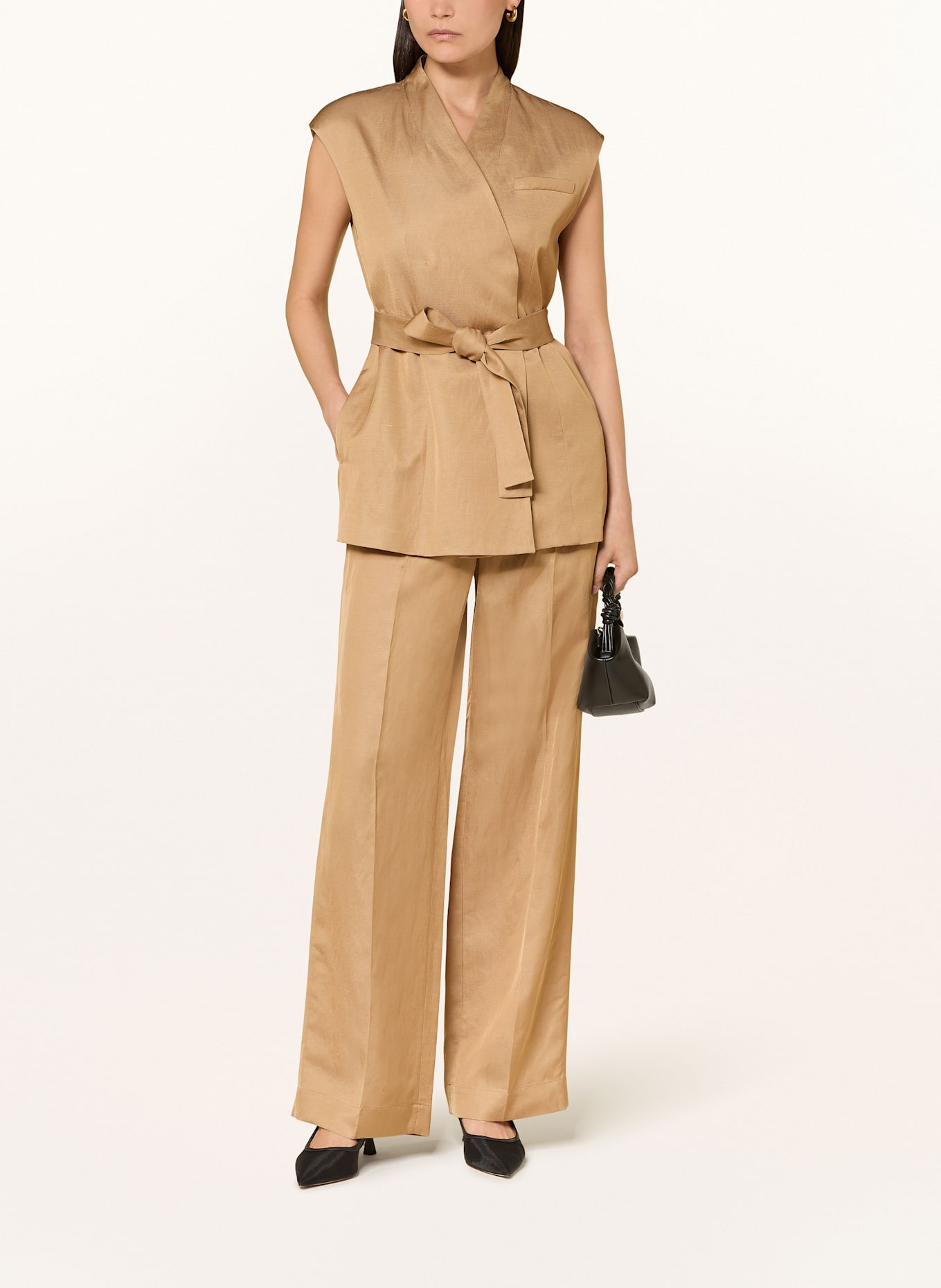 RIANI Wide leg ruched trousers with linen: CAMEL