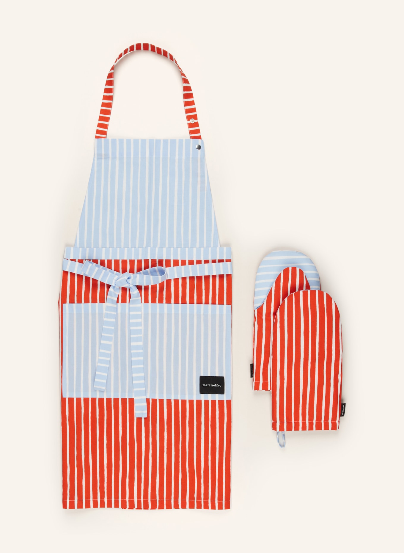 marimekko 3-piece Set PICCOLO: Apron and oven gloves, Color: RED/ LIGHT BLUE/ WHITE (Image 1)