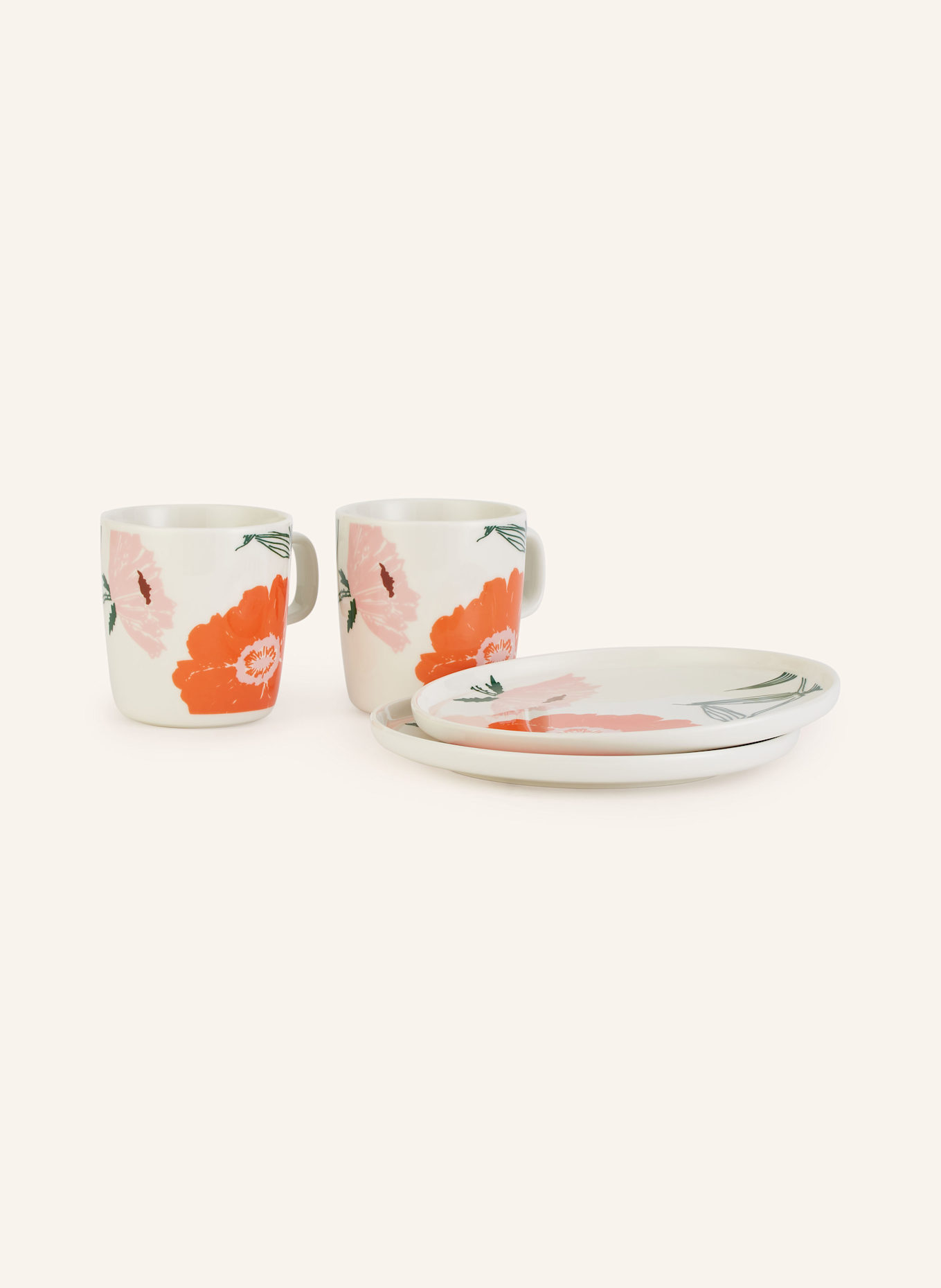 marimekko 4-piece Set OIVA/ PUUTARHAKUTSUT: Mugs and dessert plates, Color: ECRU/ GREEN/ ORANGE (Image 1)