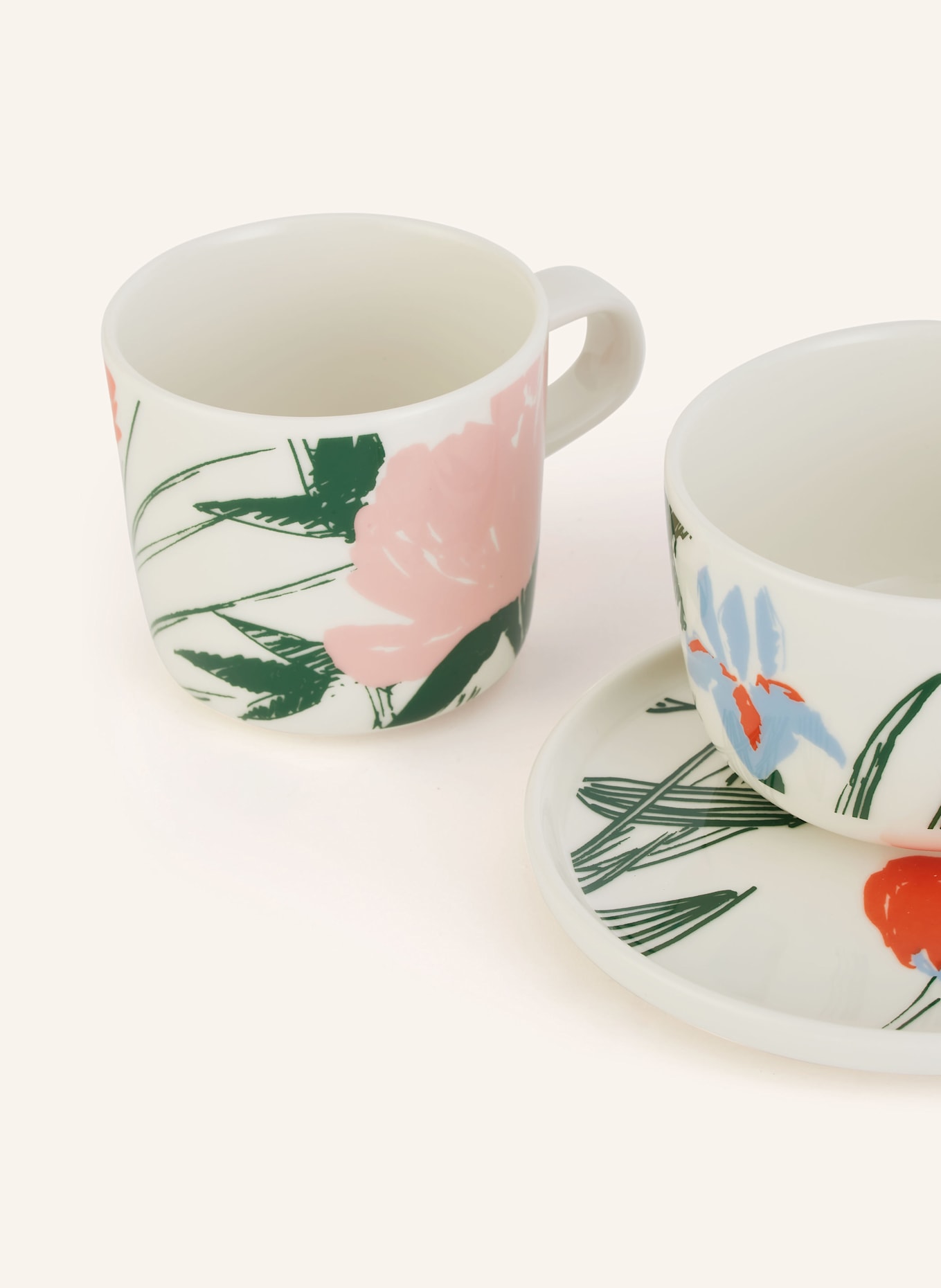 marimekko 6-tlg. Set OIVA/ PUUTARHAKUTSUT: Henkelbecher, Teller und Müslischalen: ECRU / GRÜN / ORANGE