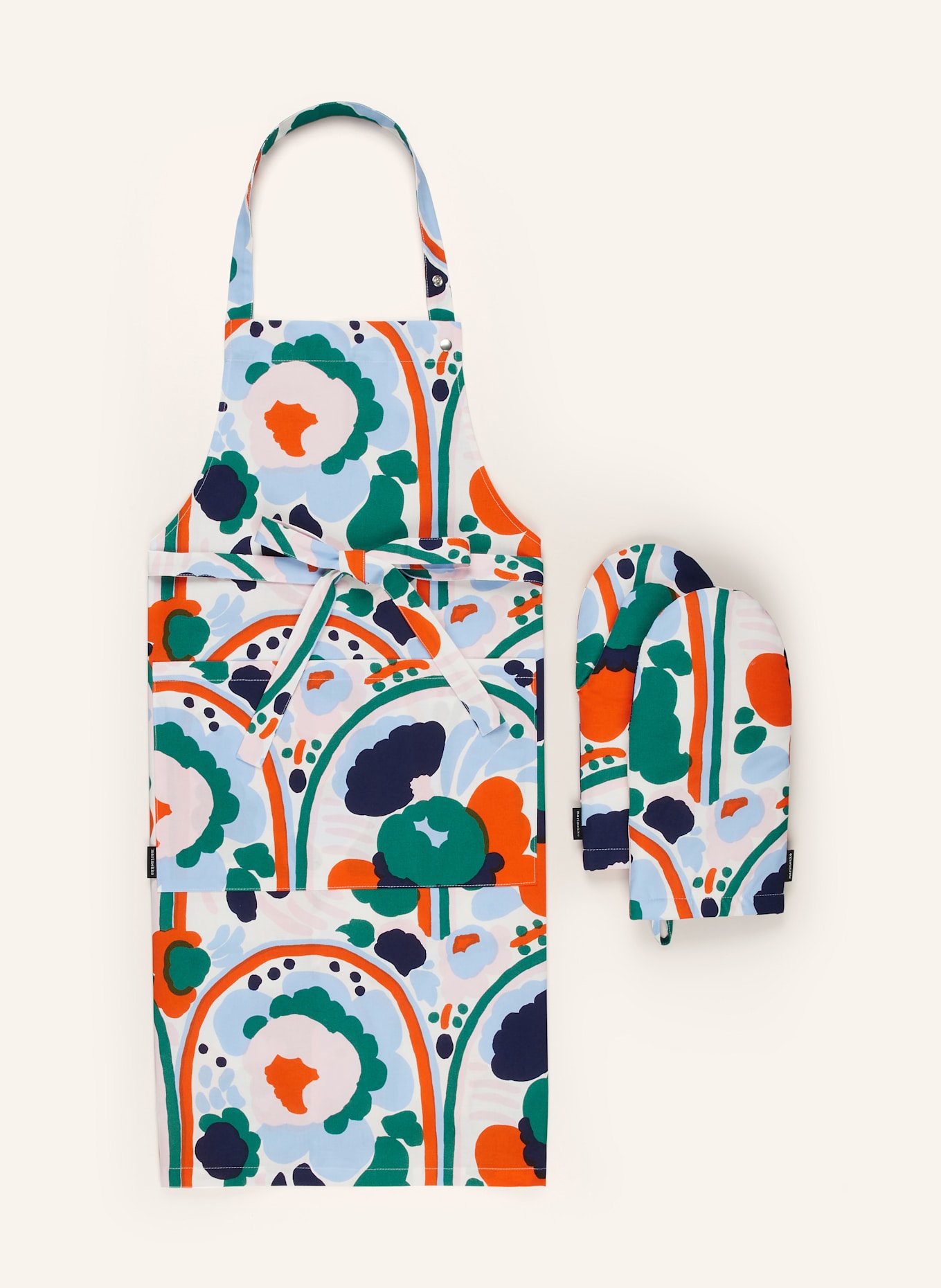marimekko 3-tlg. Set PIENI KARUSELLI: Schürze und Ofenhandschuhe: WEISS / HELLBLAU / ORANGE