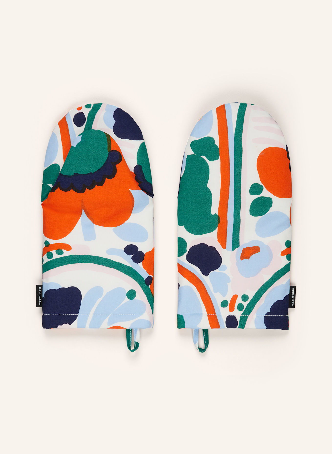 marimekko 3-tlg. Set PIENI KARUSELLI: Schürze und Ofenhandschuhe: WEISS / HELLBLAU / ORANGE