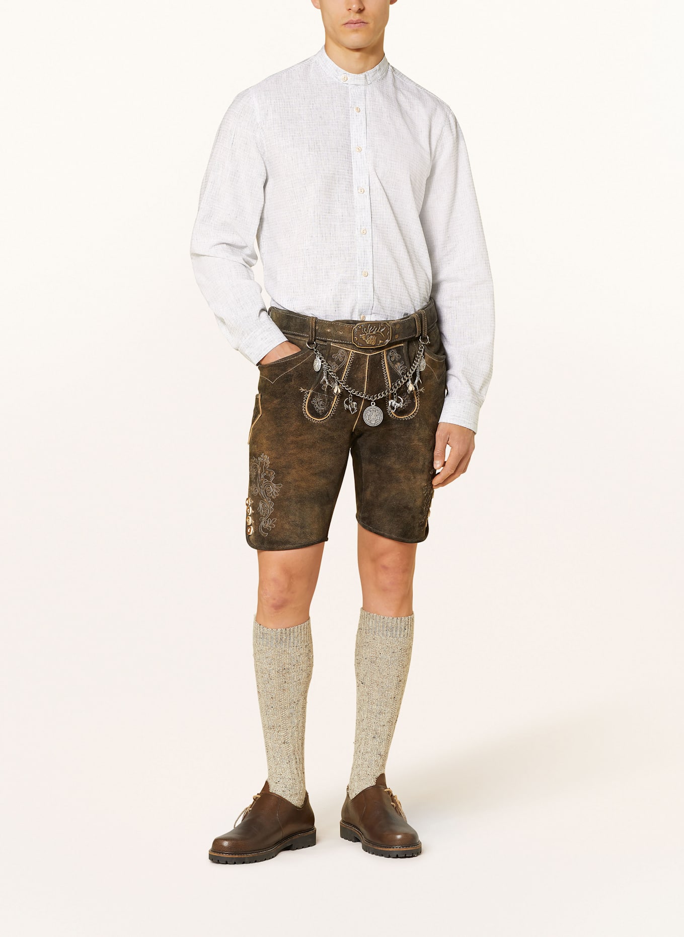 Johann & Johanna Trachtenhemd Comfort Fit mit Stehkragen und Leinen: BLAU / GRÜN