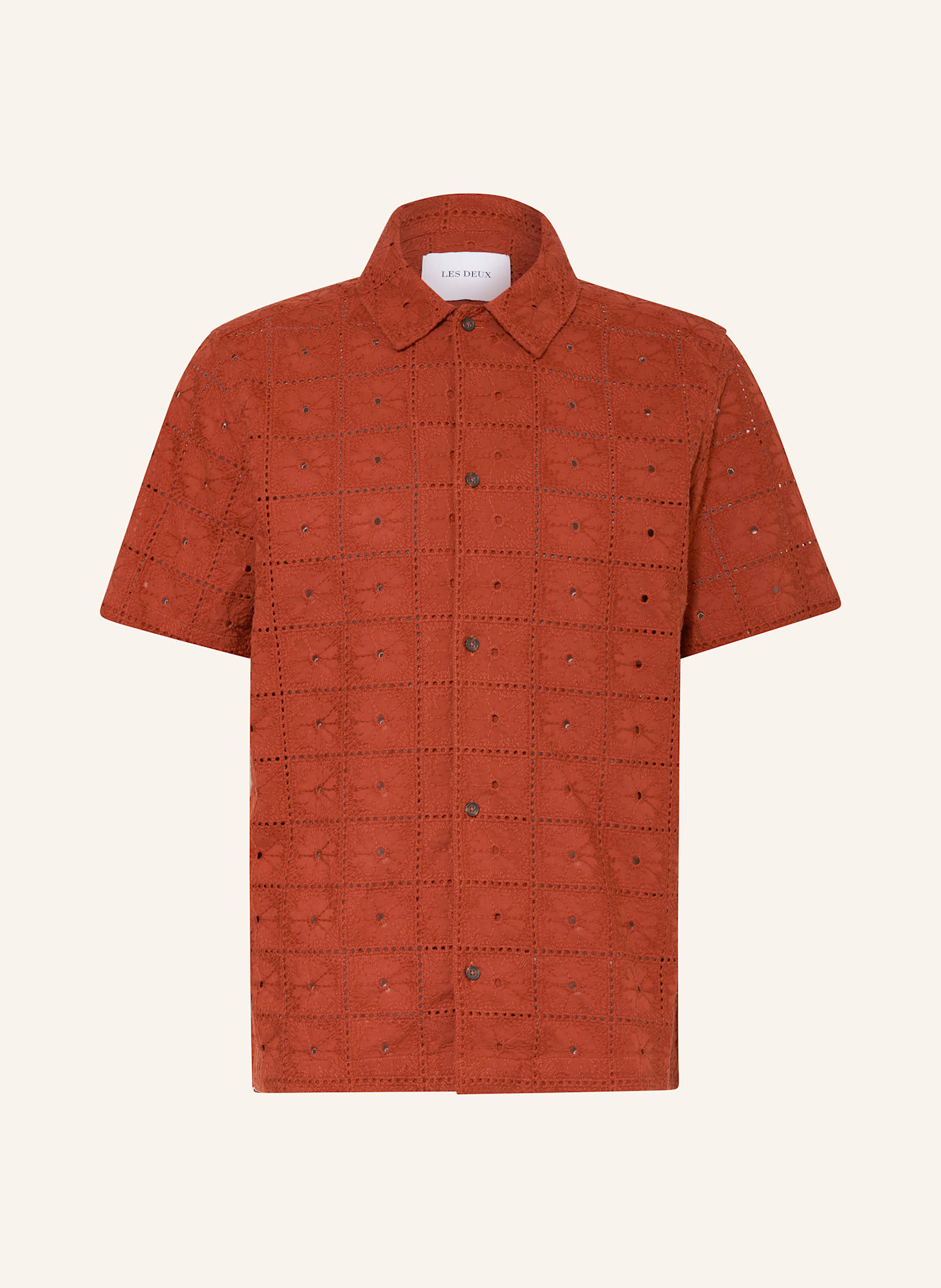 LES DEUX Koszula z klapami HECTOR comfort fit z dziurkowanej koronki: KONIAKOWY
