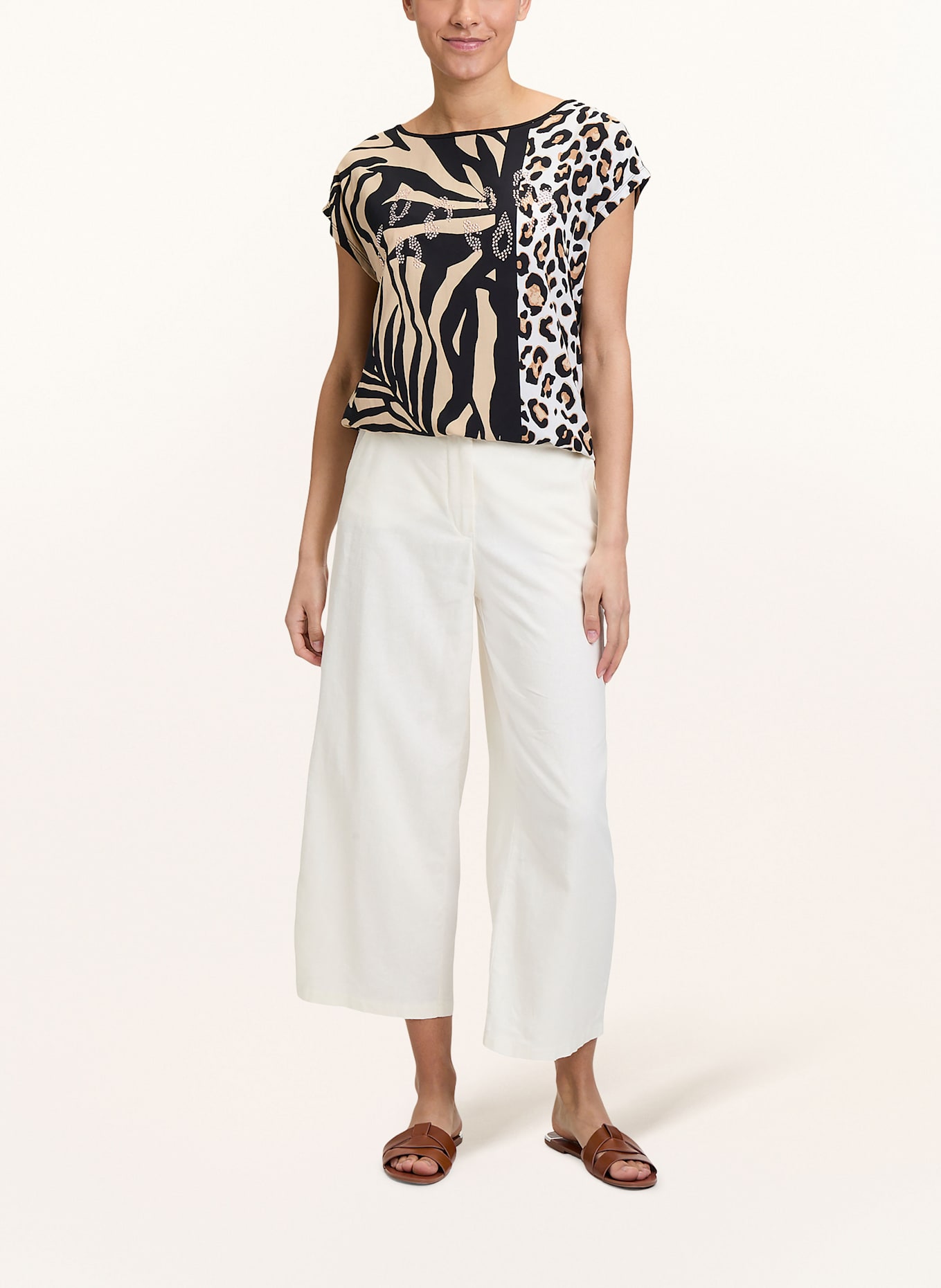 Betty Barclay T-shirt in mixed materials with decorative gems: BLACK / BROWN / WHITE