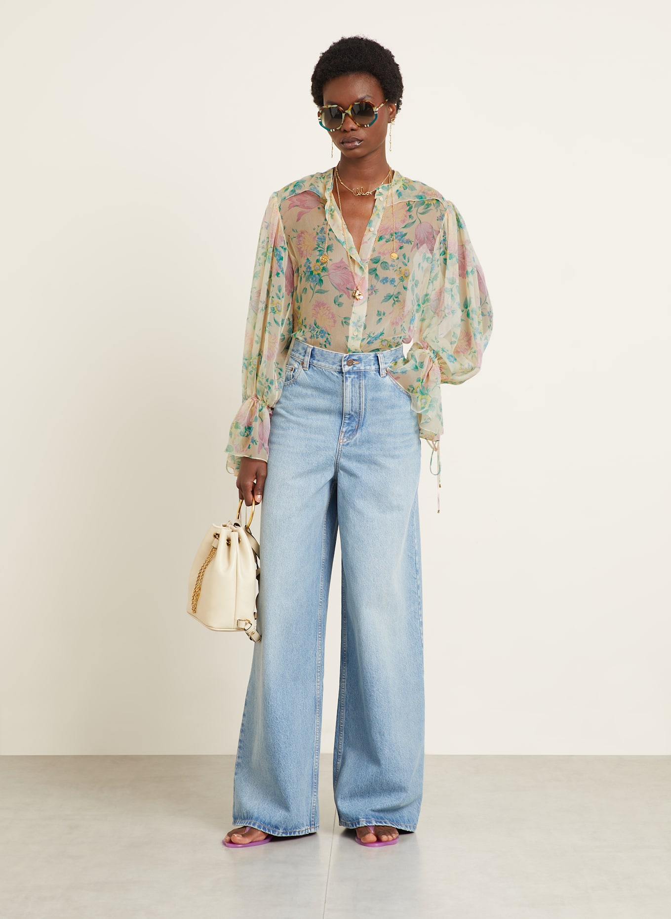 Chloé Seidenbluse mit Rüschen: HELLGELB / GRÜN / ROSA