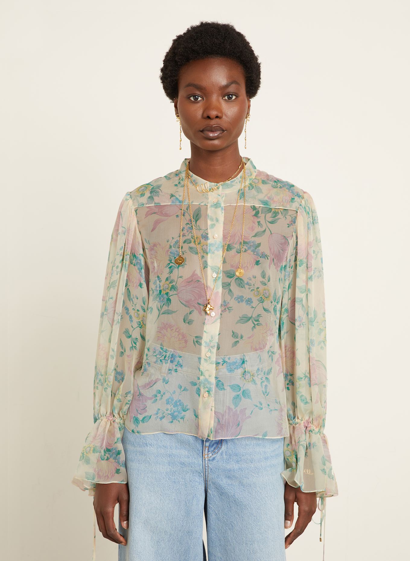 Chloé Seidenbluse mit Rüschen: HELLGELB / GRÜN / ROSA