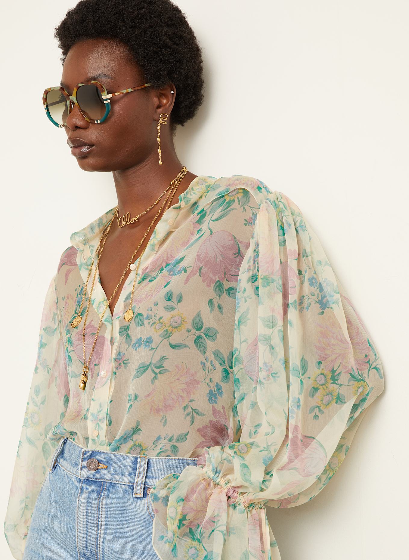 Chloé Seidenbluse mit Rüschen: HELLGELB / GRÜN / ROSA