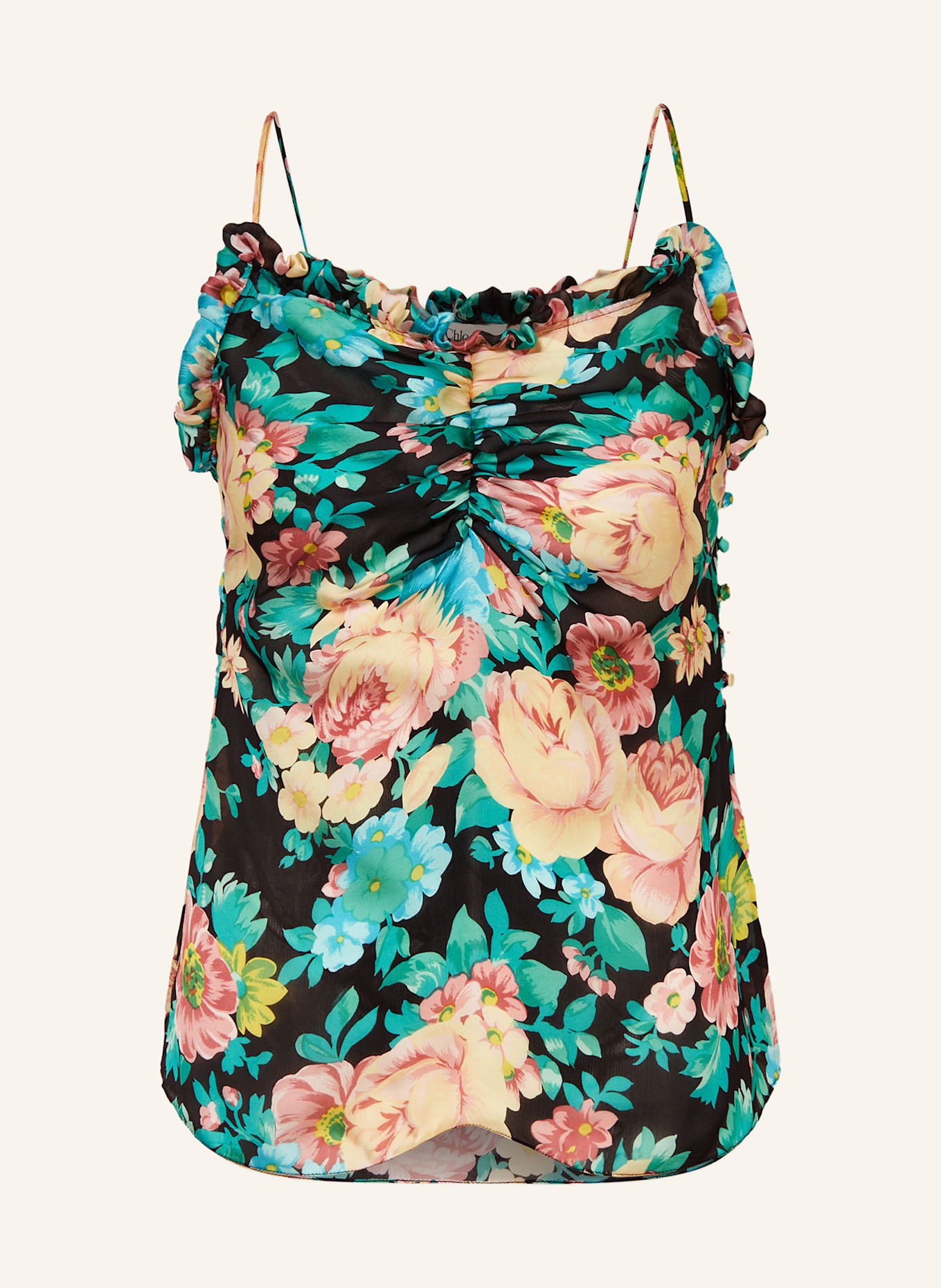 Chloé Silk top with frills: BLACK / DUSKY PINK / GREEN
