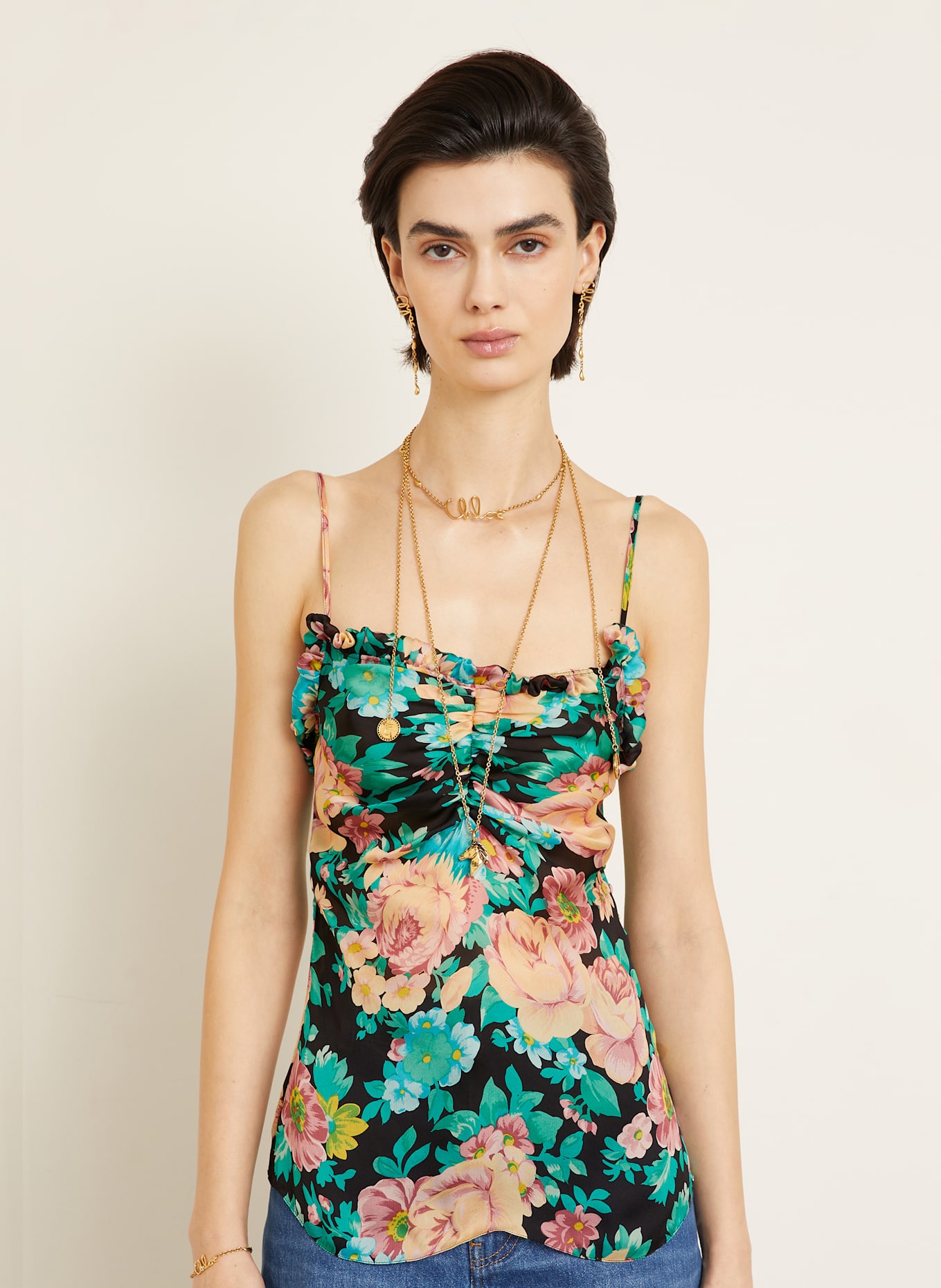 Chloé Silk top with frills: BLACK / DUSKY PINK / GREEN