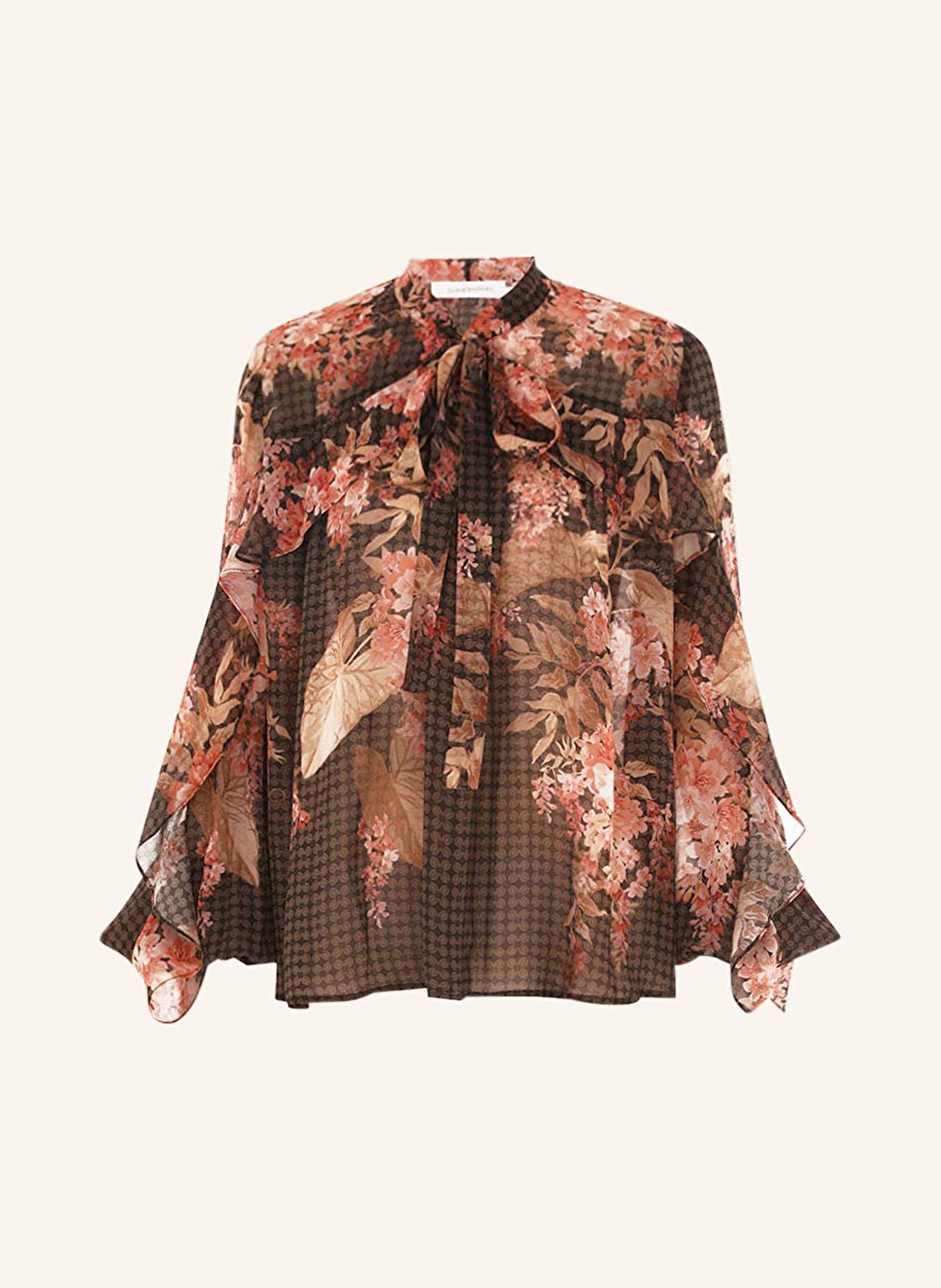 ZIMMERMANN Blouse à col bateau et volants: MARRON / NOIR / ROSE
