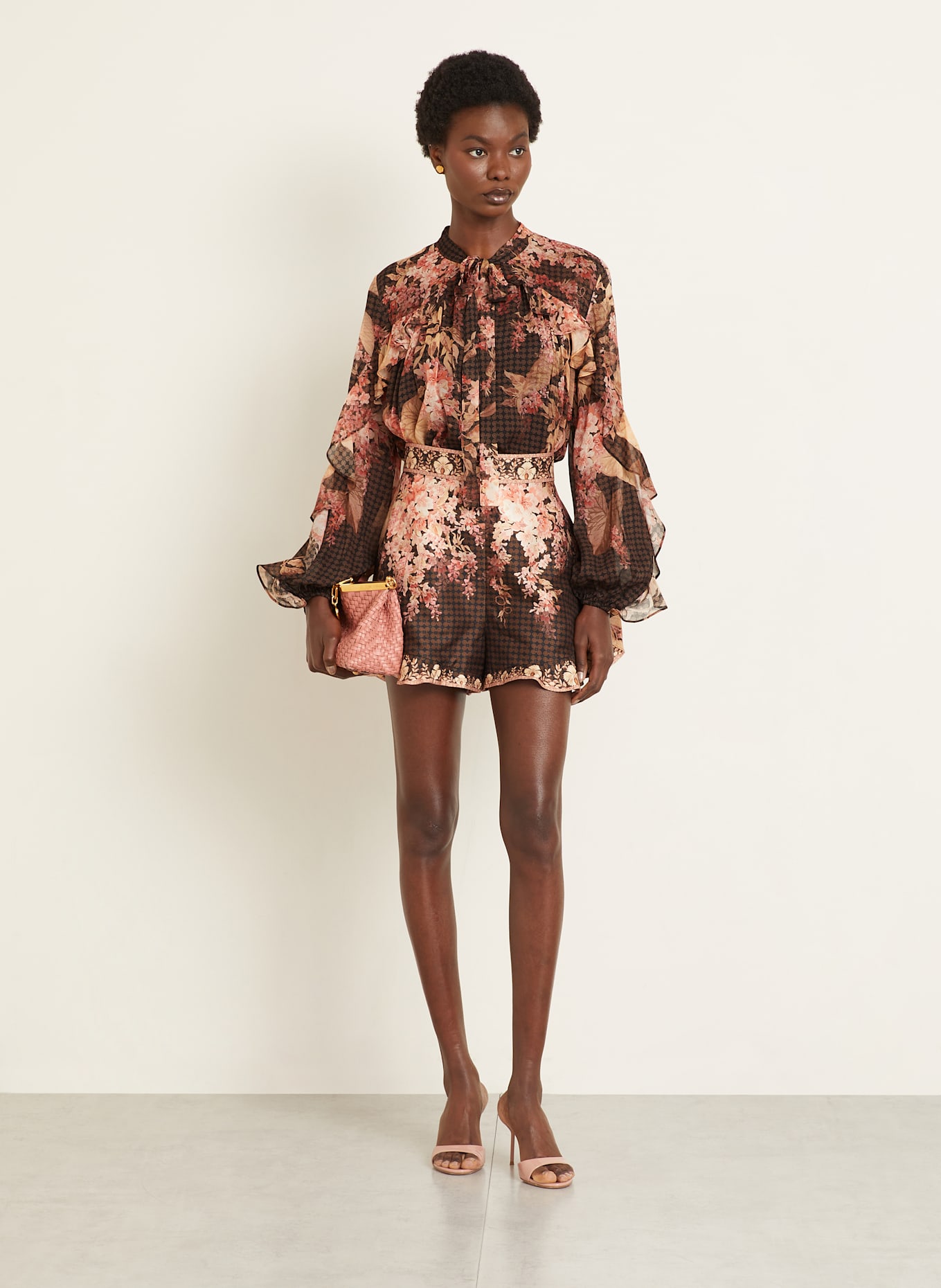 ZIMMERMANN Blouse à col bateau et volants: MARRON / NOIR / ROSE