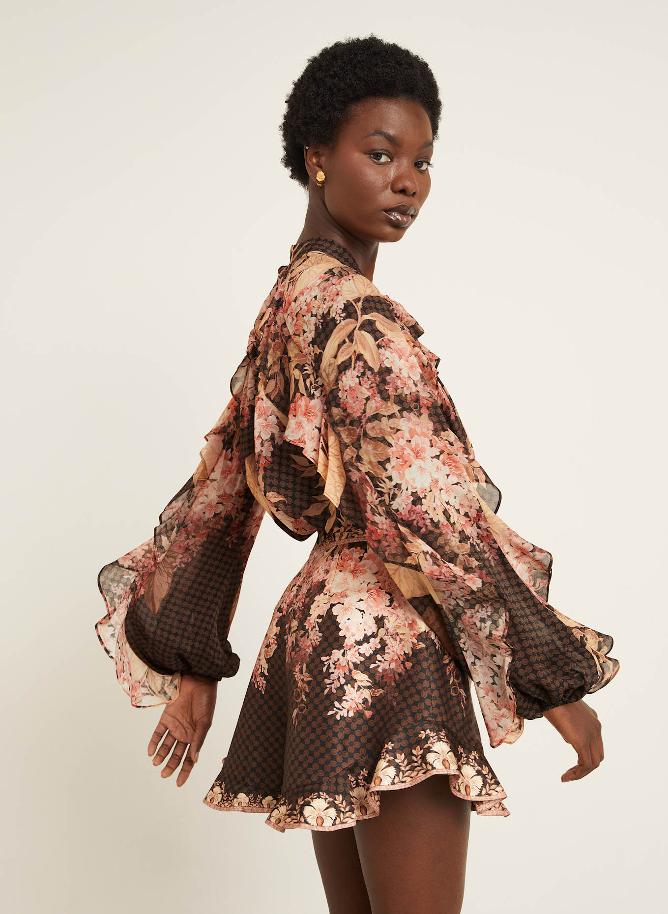 ZIMMERMANN Blouse à col bateau et volants: MARRON / NOIR / ROSE