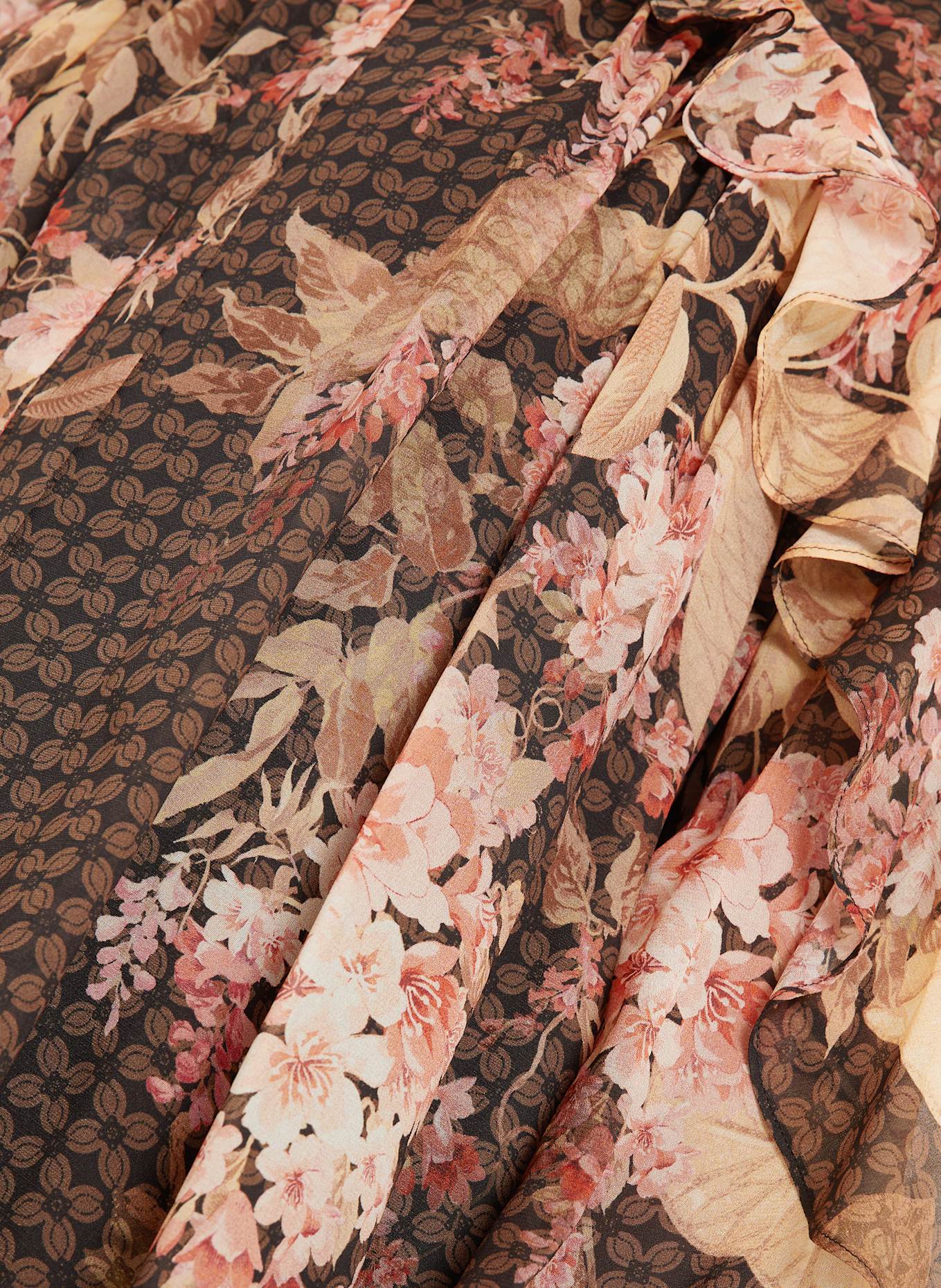 ZIMMERMANN Blouse à col bateau et volants: MARRON / NOIR / ROSE