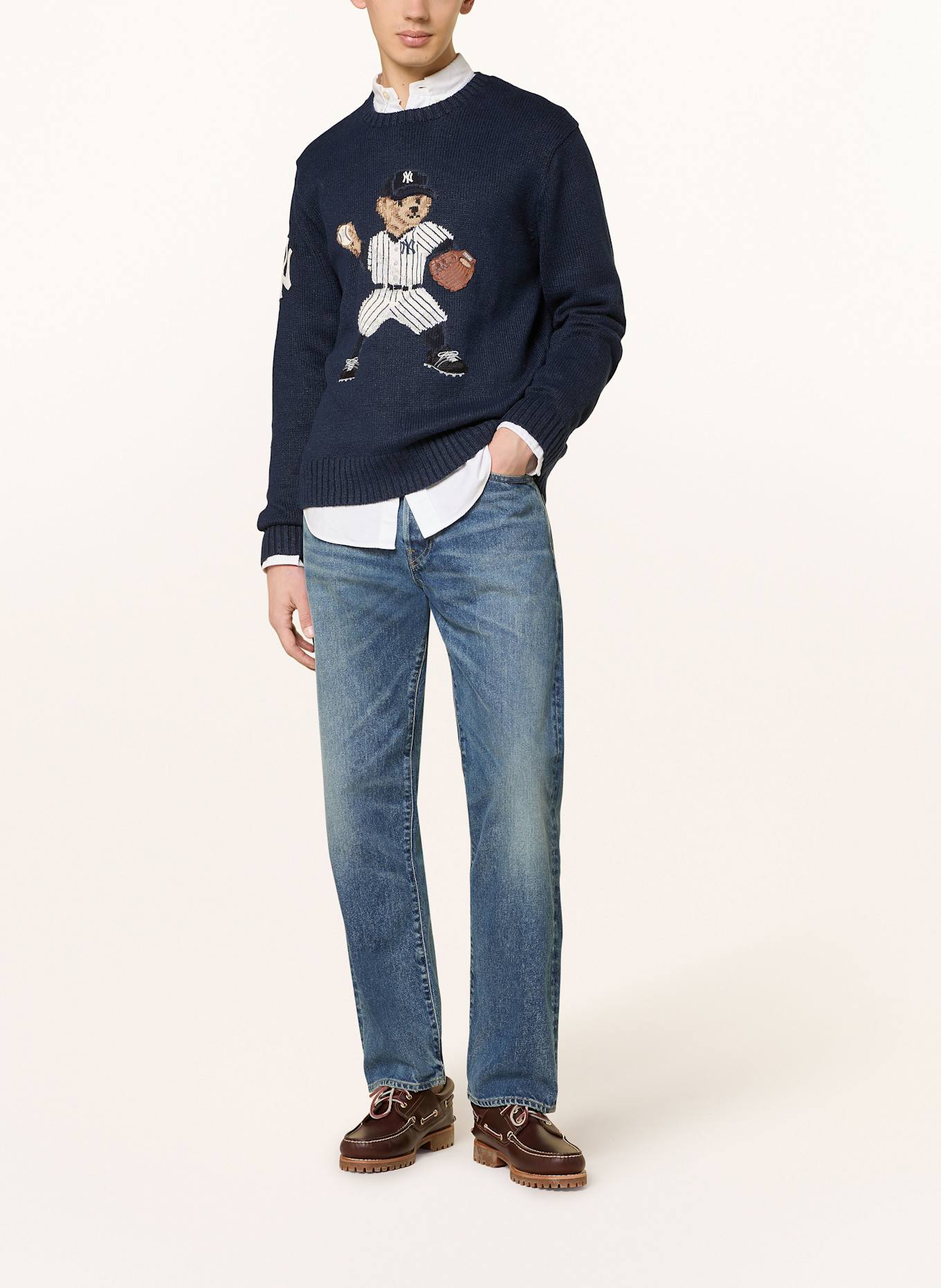 POLO RALPH LAUREN Pull YANKEES LSBEARCN avec lin: BLEU FONCÉ