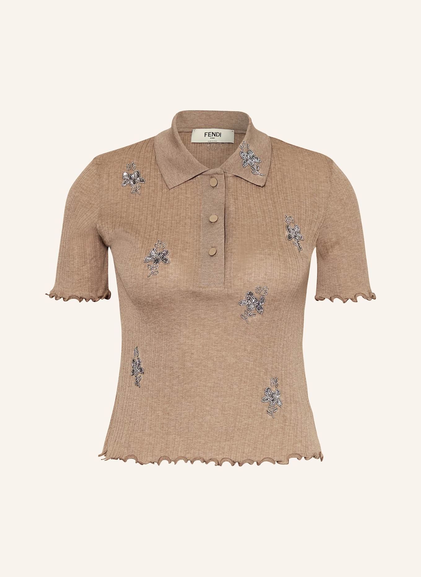 FENDI Knitted polo shirt with decorative gems: LIGHT BROWN / SILVER
