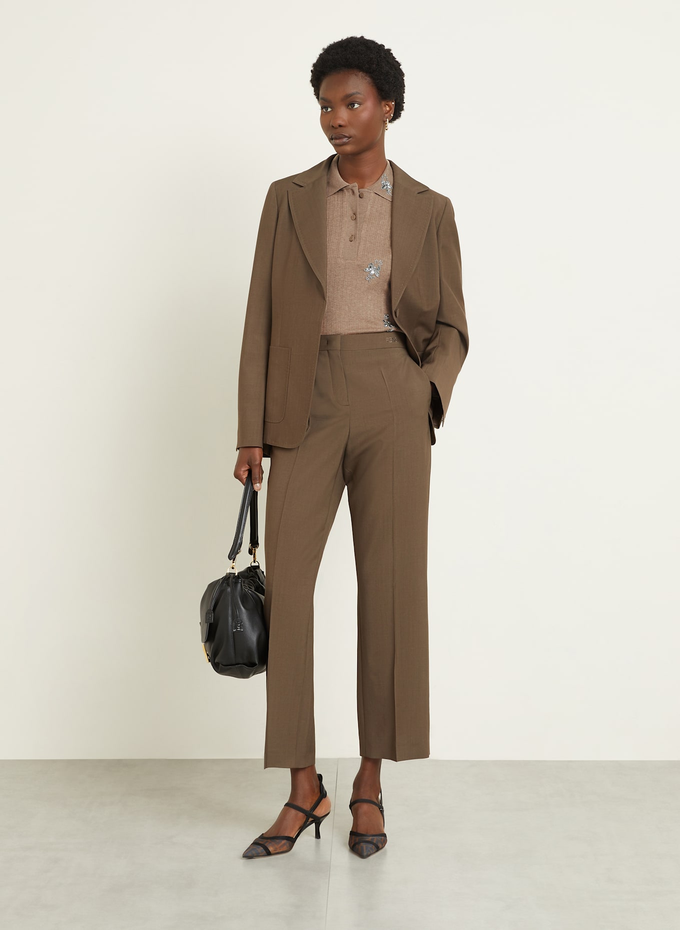 FENDI Knitted polo shirt with decorative gems: LIGHT BROWN / SILVER