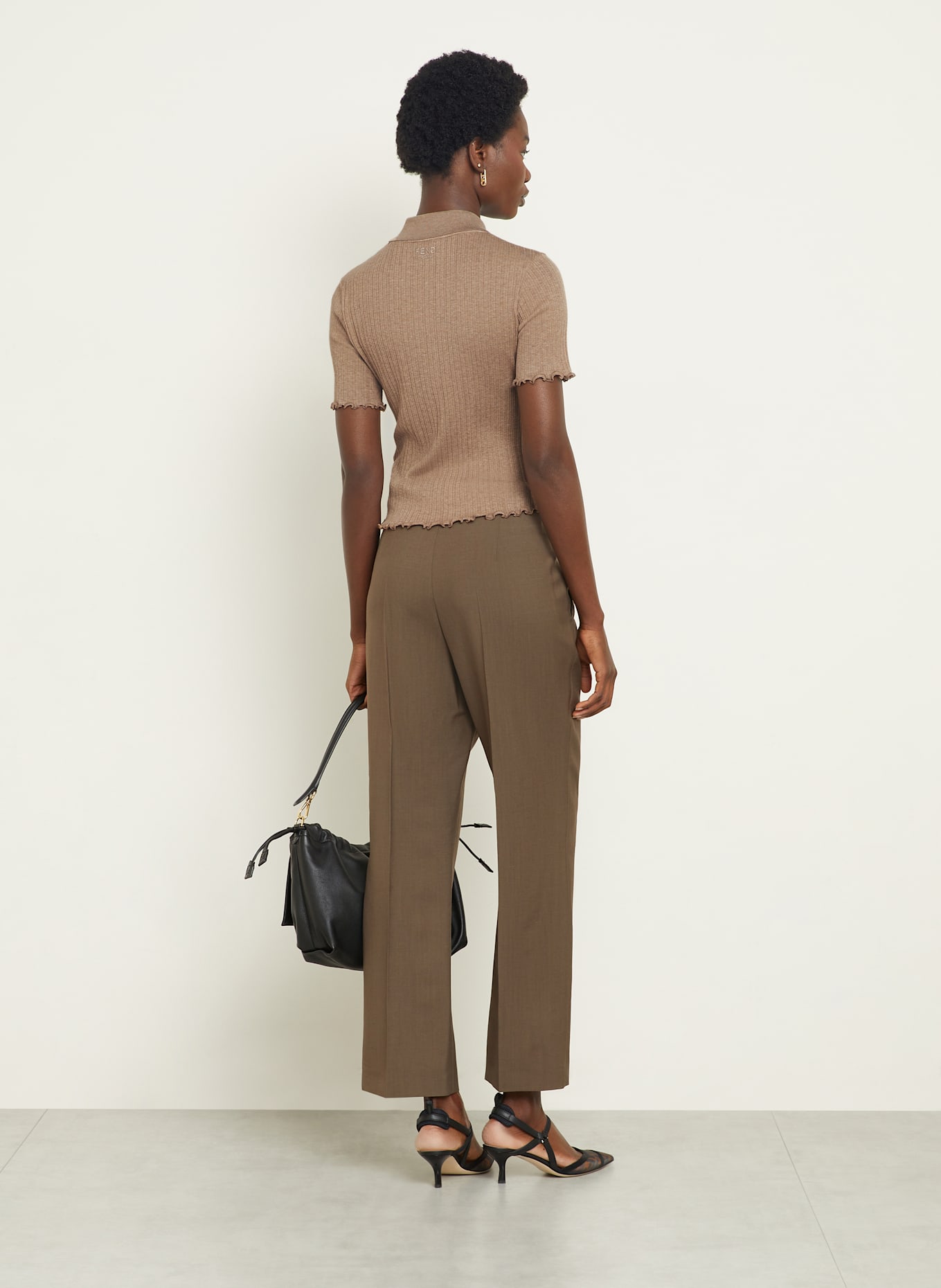 FENDI Knitted polo shirt with decorative gems: LIGHT BROWN / SILVER