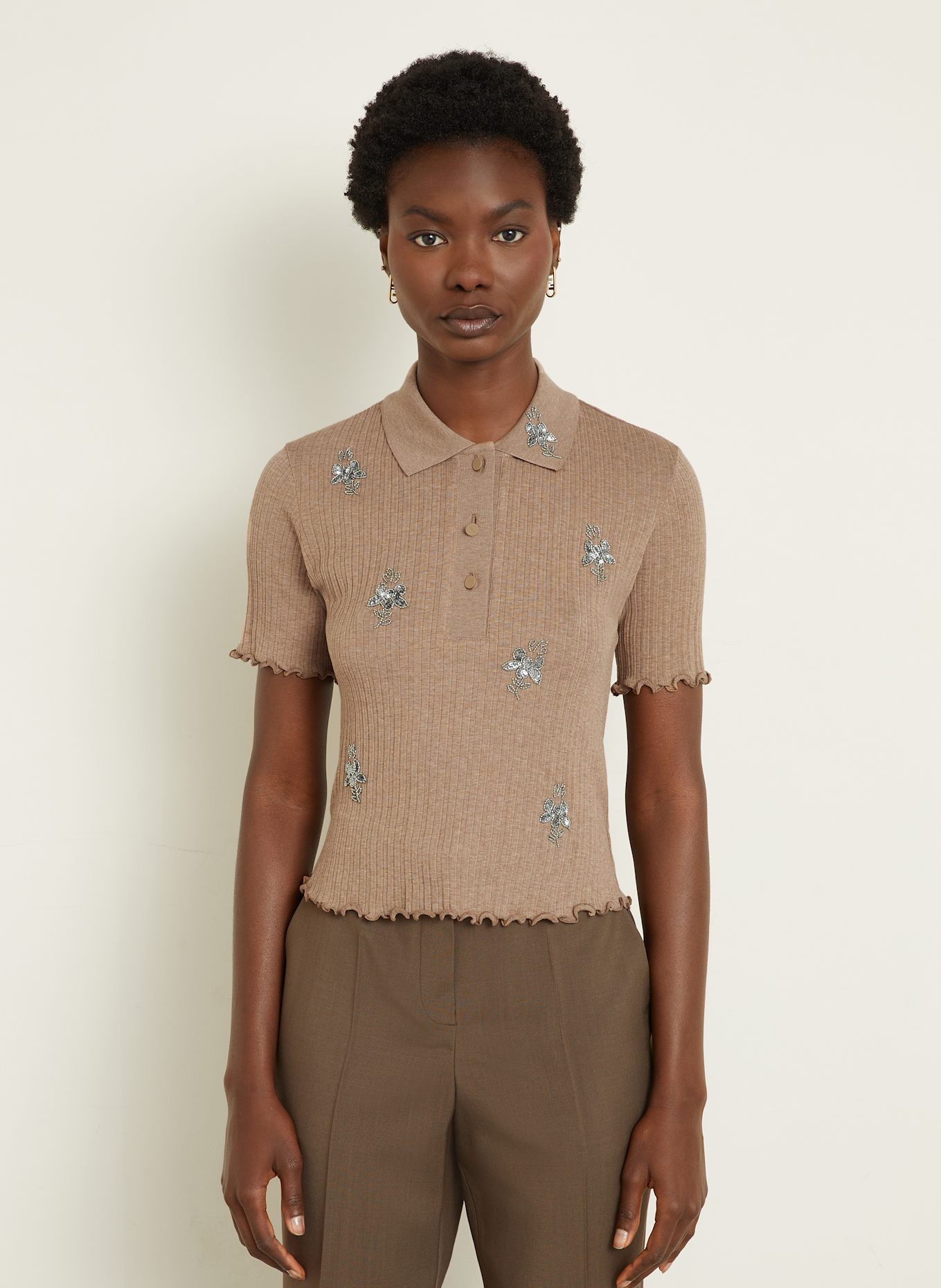 FENDI Knitted polo shirt with decorative gems: LIGHT BROWN / SILVER