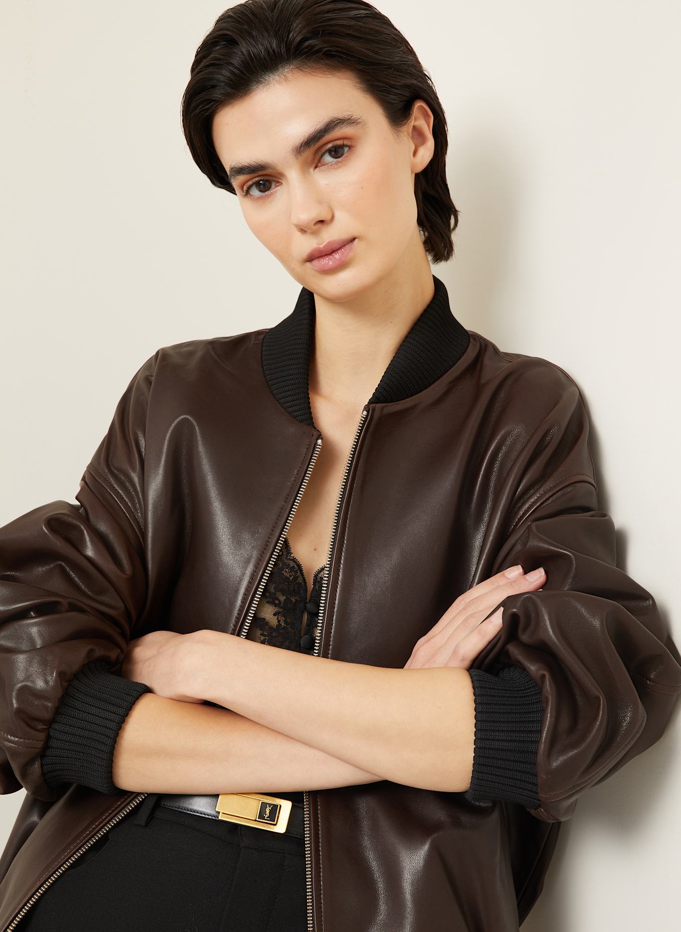 NOUR HAMMOUR Kožený blouson MARLY: TMAVĚ HNĚDÁ