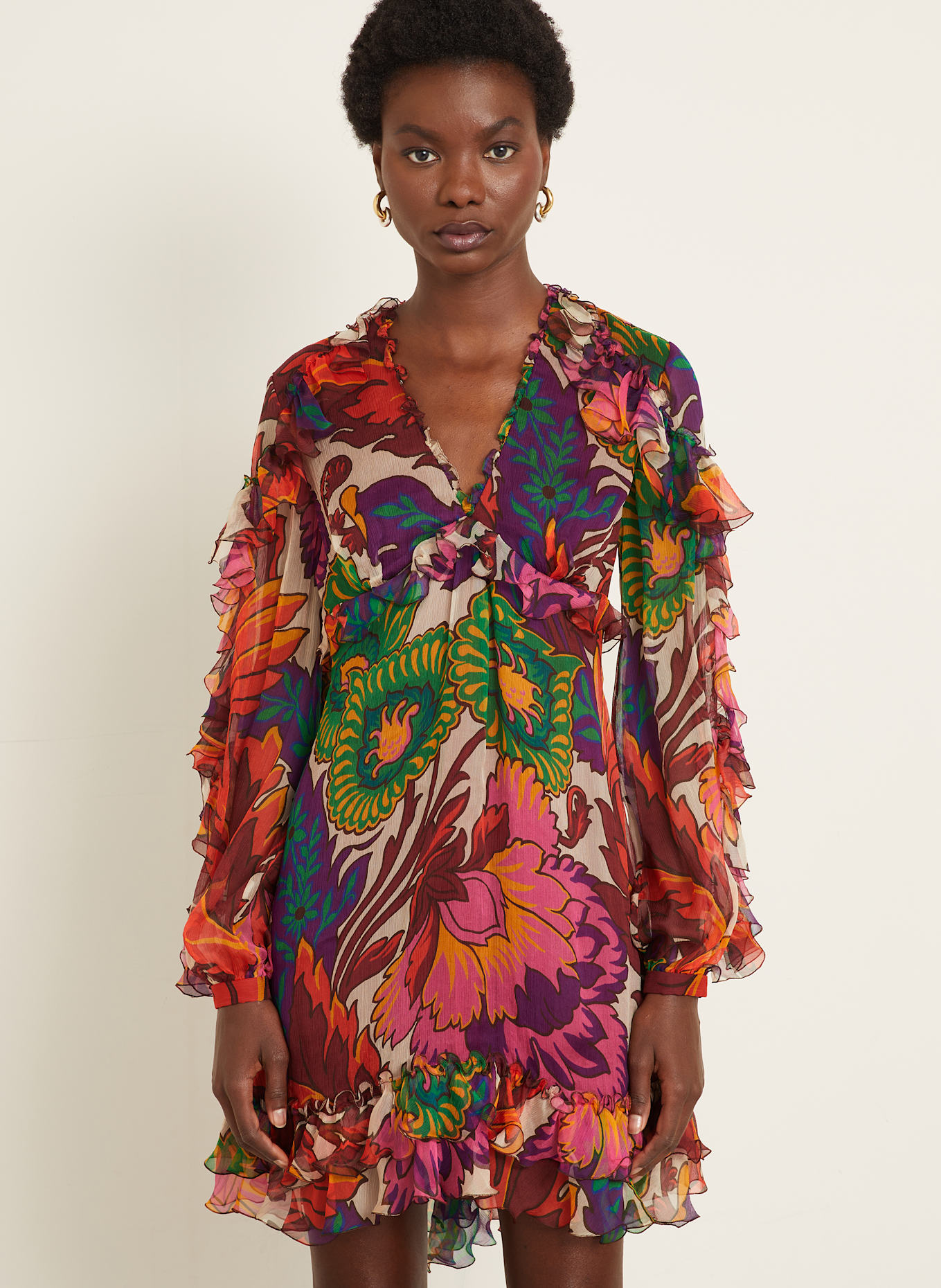 ETRO Seidenkleid mit Rüschen: BRAUN / GRÜN / LILA