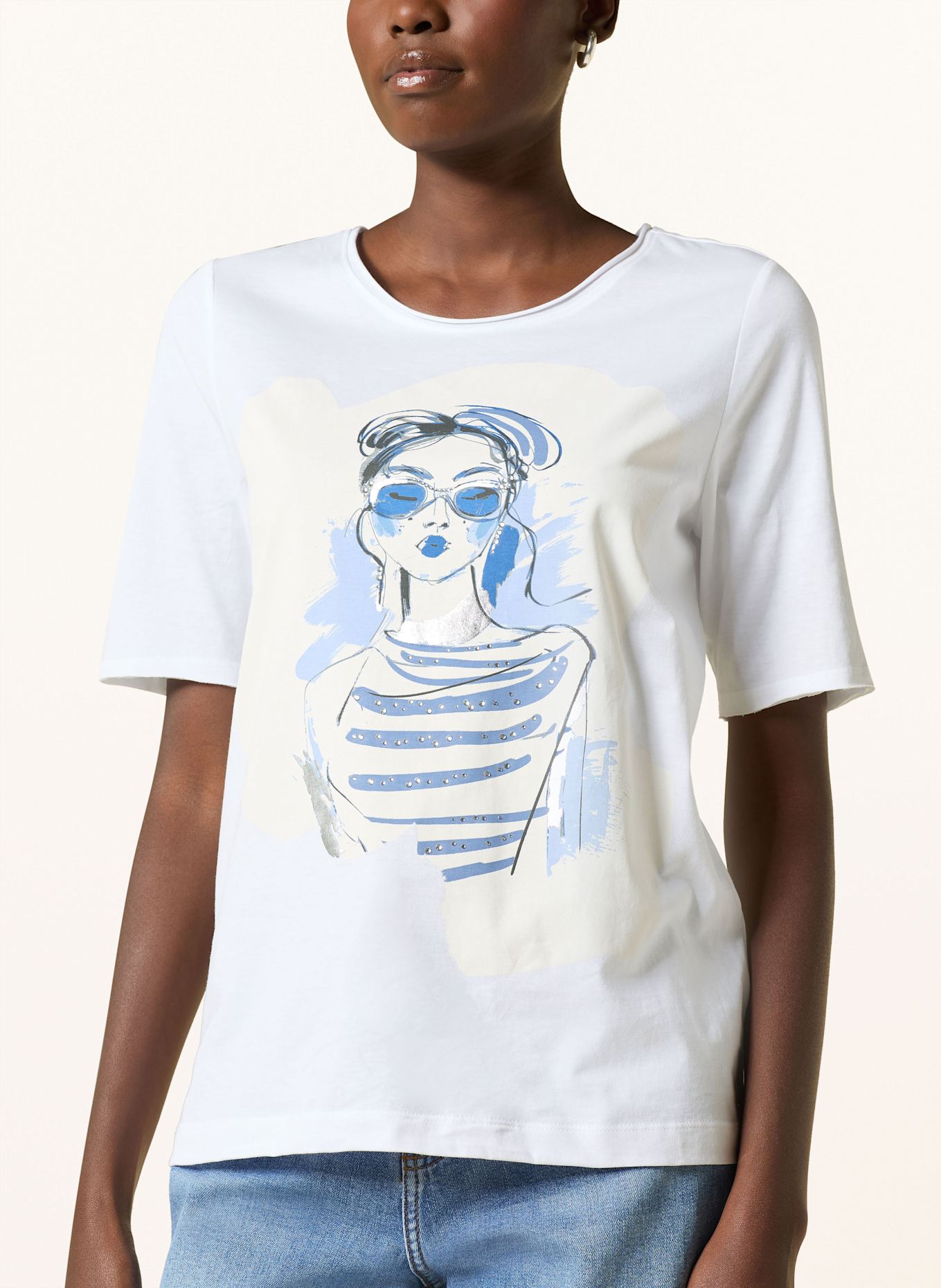 oui T-Shirt mit Schmucksteinen: WEISS/ BLAU