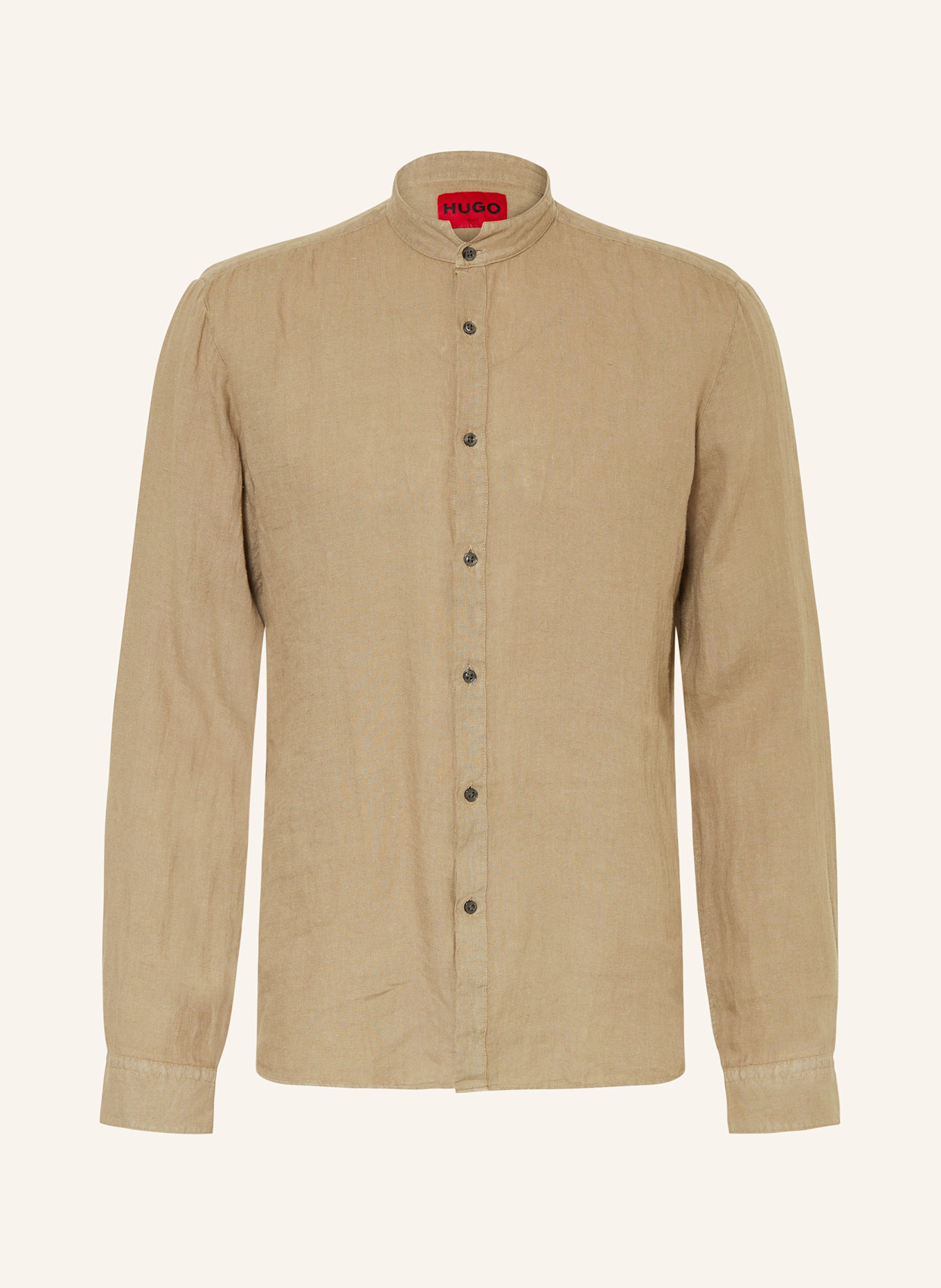 HUGO Linen shirt ELVORY slim fit with stand-up collar: LIGHT BROWN