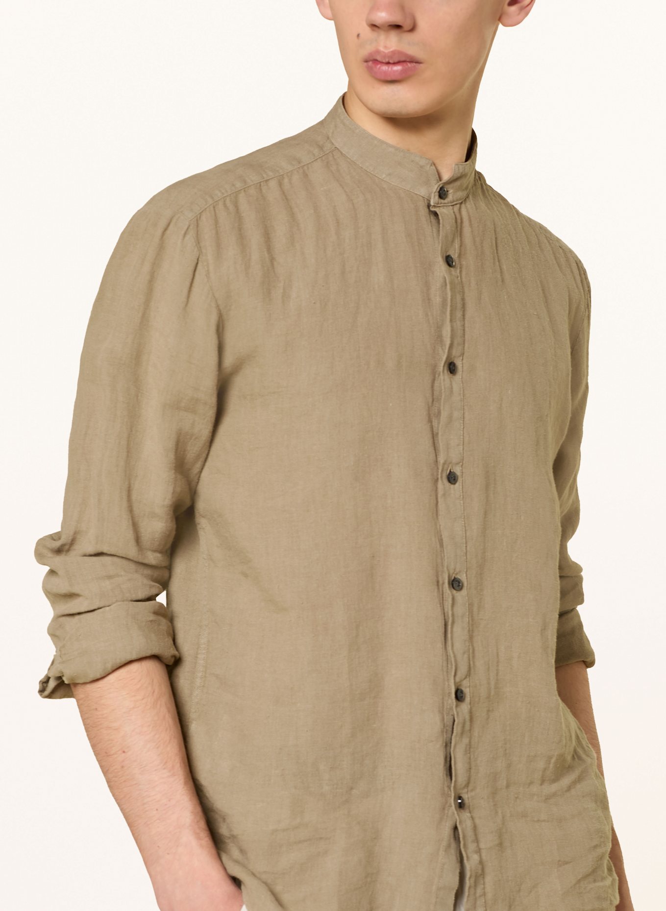 HUGO Linen shirt ELVORY slim fit with stand-up collar: LIGHT BROWN