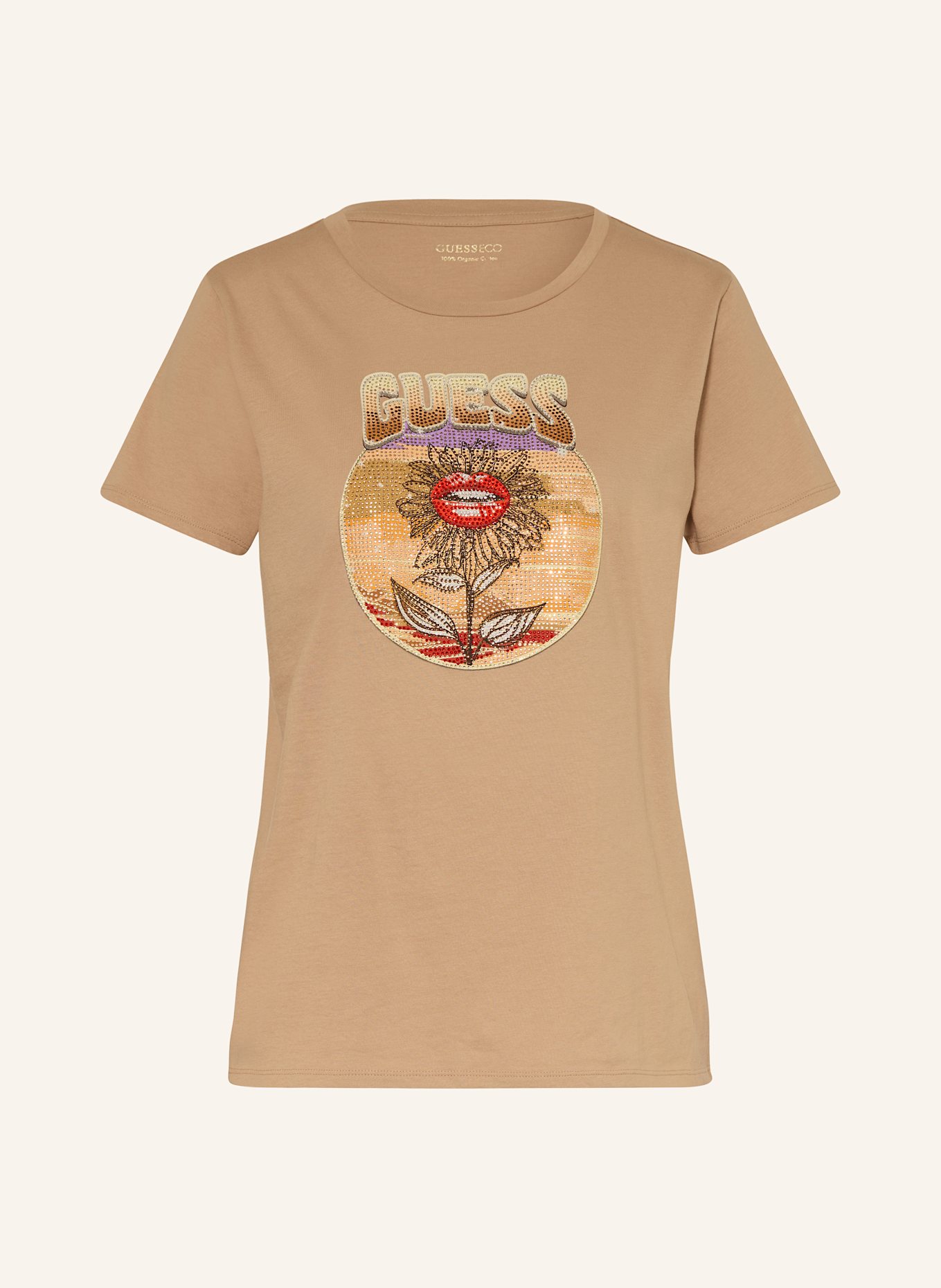GUESS T-Shirt mit Schmucksteinen: BEIGE