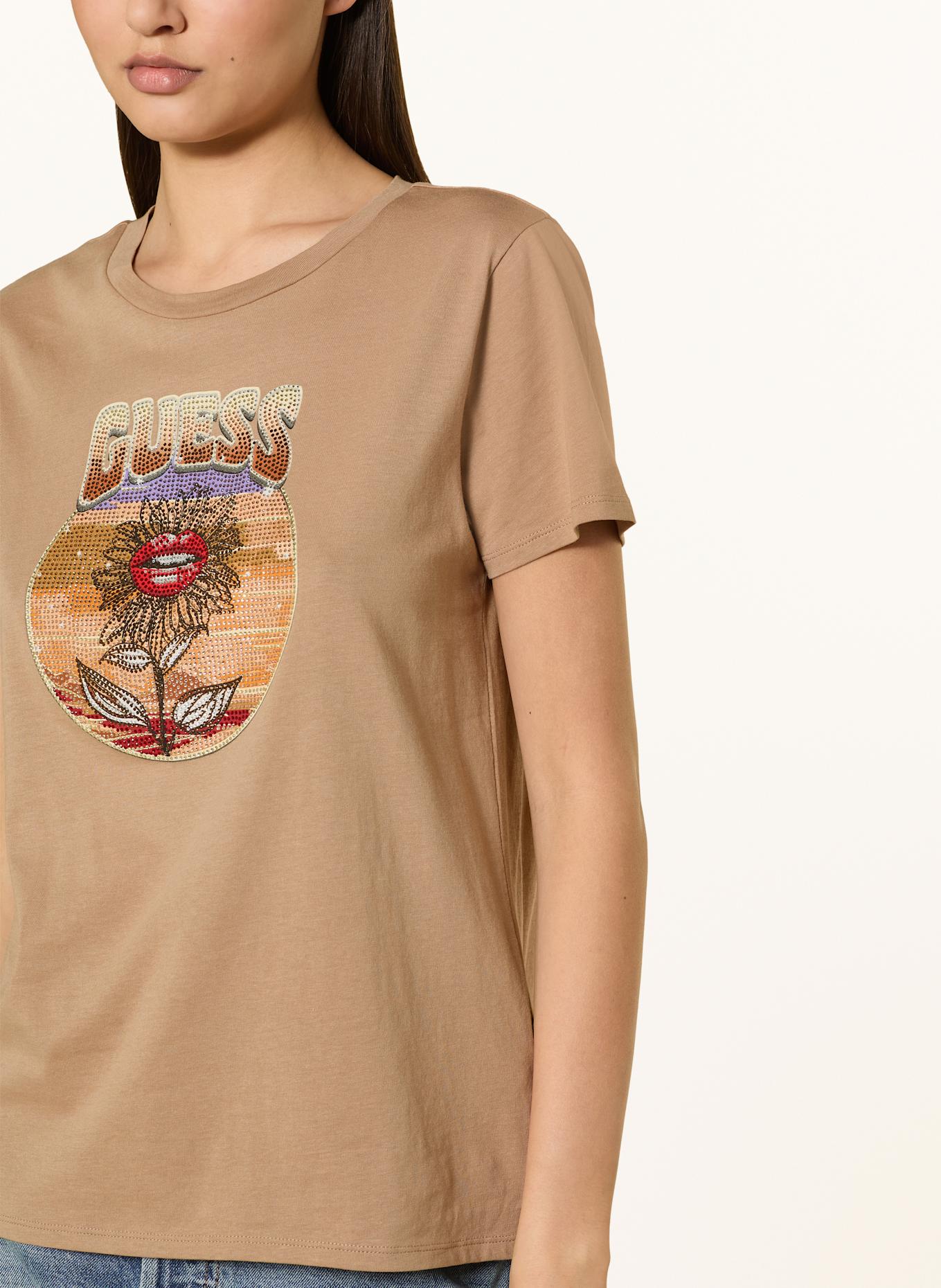 GUESS T-Shirt mit Schmucksteinen: BEIGE