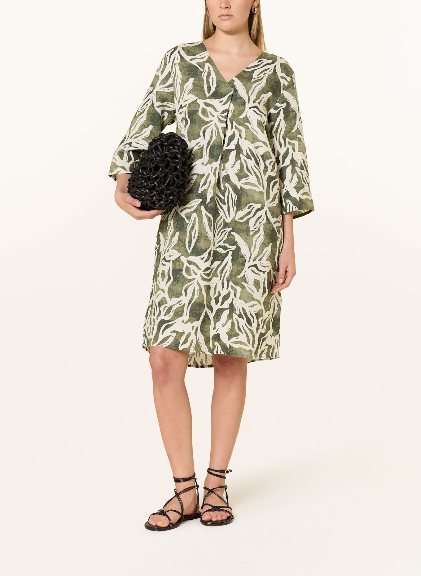 CARTOON Leinenkleid mit 3/4-Arm: CREME / DUNKELGRÜN