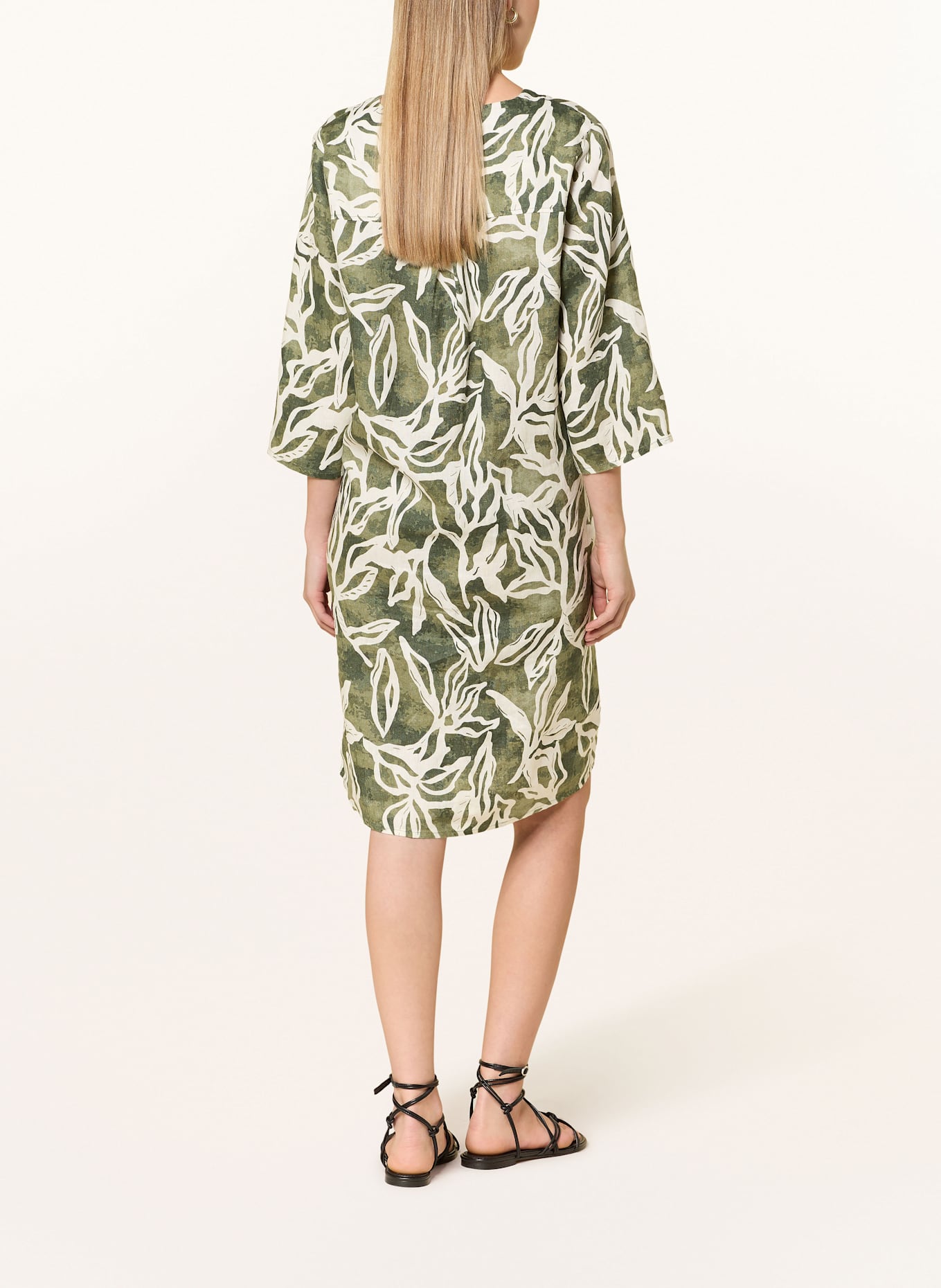 CARTOON Leinenkleid mit 3/4-Arm: CREME / DUNKELGRÜN