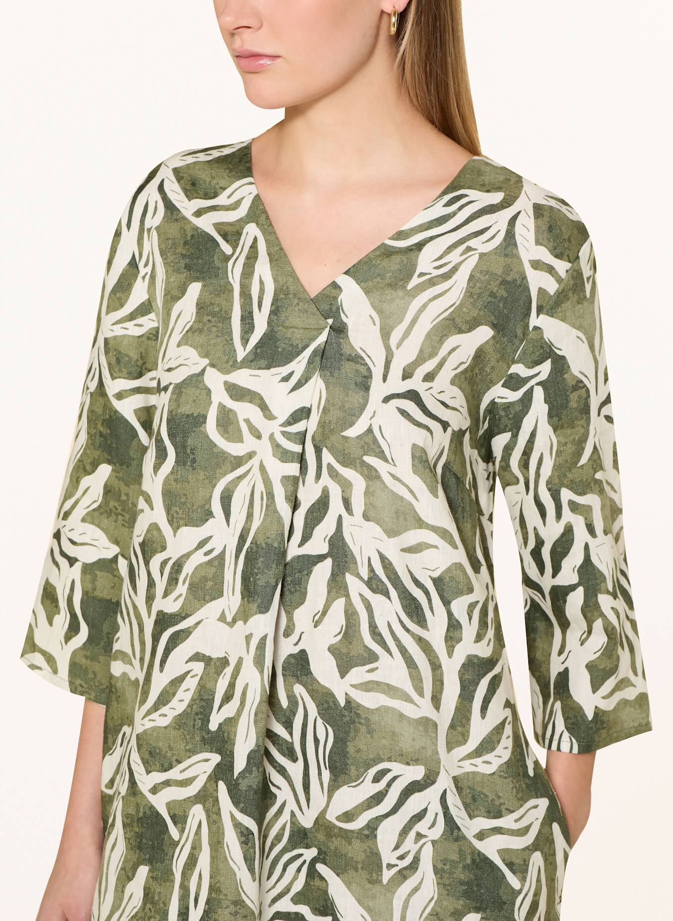 CARTOON Leinenkleid mit 3/4-Arm: CREME / DUNKELGRÜN