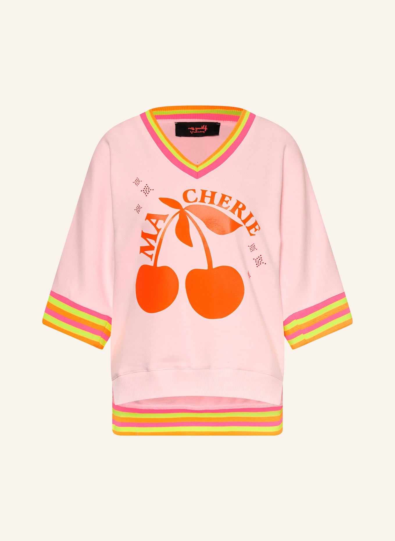miss goodlife Sweatshirt mit 3/4-Arm und Schmucksteinen: HELLROSA / NEONORANGE / NEONPINK