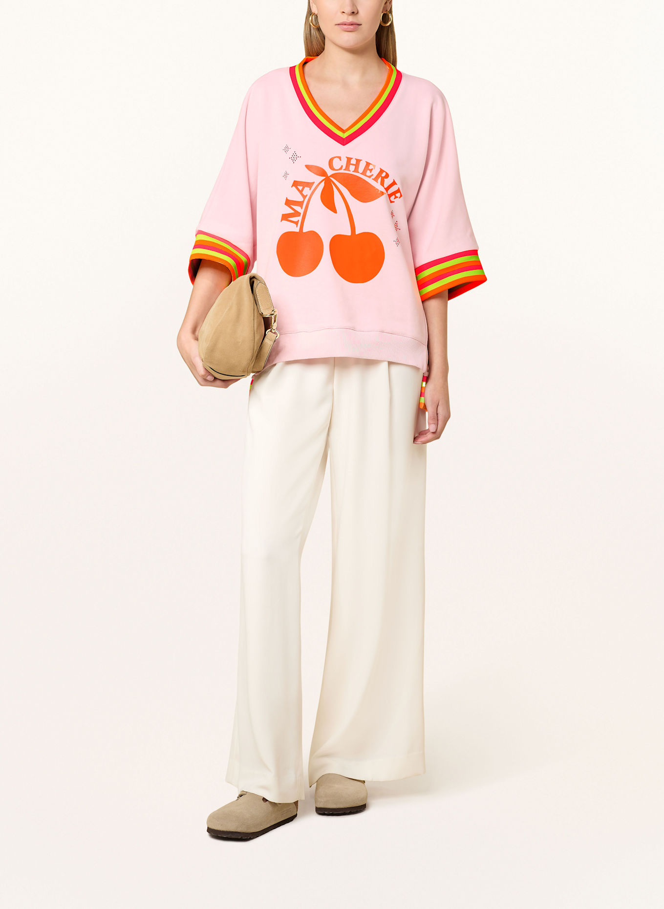 miss goodlife Sweatshirt mit 3/4-Arm und Schmucksteinen: HELLROSA / NEONORANGE / NEONPINK