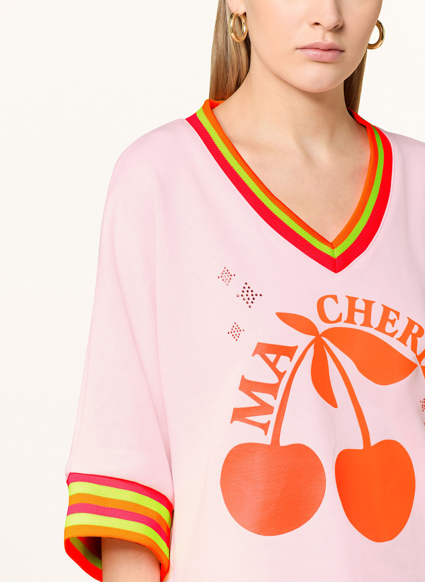 miss goodlife Sweatshirt mit 3/4-Arm und Schmucksteinen: HELLROSA / NEONORANGE / NEONPINK