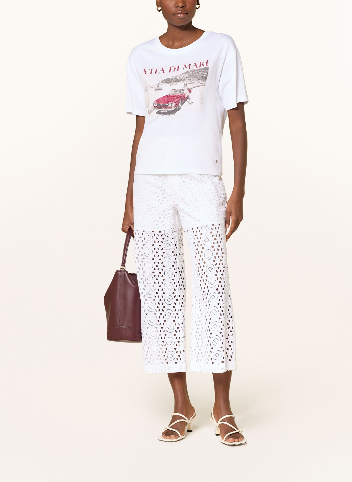 monari T-Shirt mit Schmucksteinen: WEISS / CREME / ROT