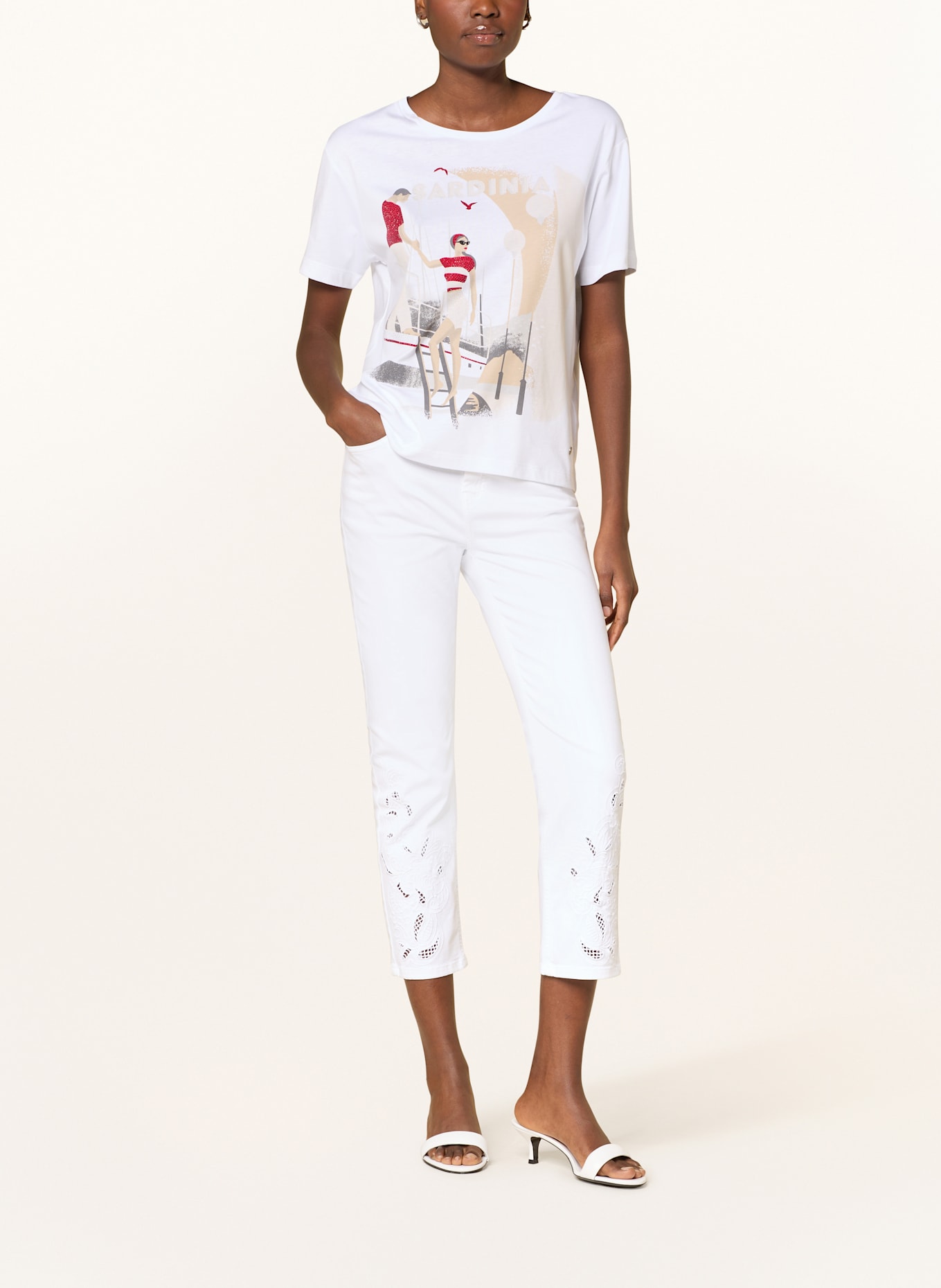monari T-Shirt mit Schmucksteinen: WEISS/ BEIGE/ ROT