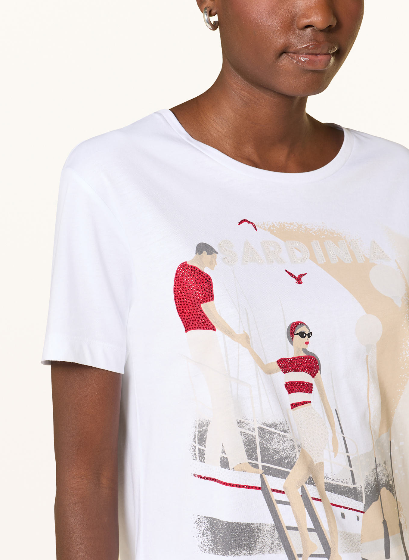 monari T-Shirt mit Schmucksteinen: WEISS/ BEIGE/ ROT