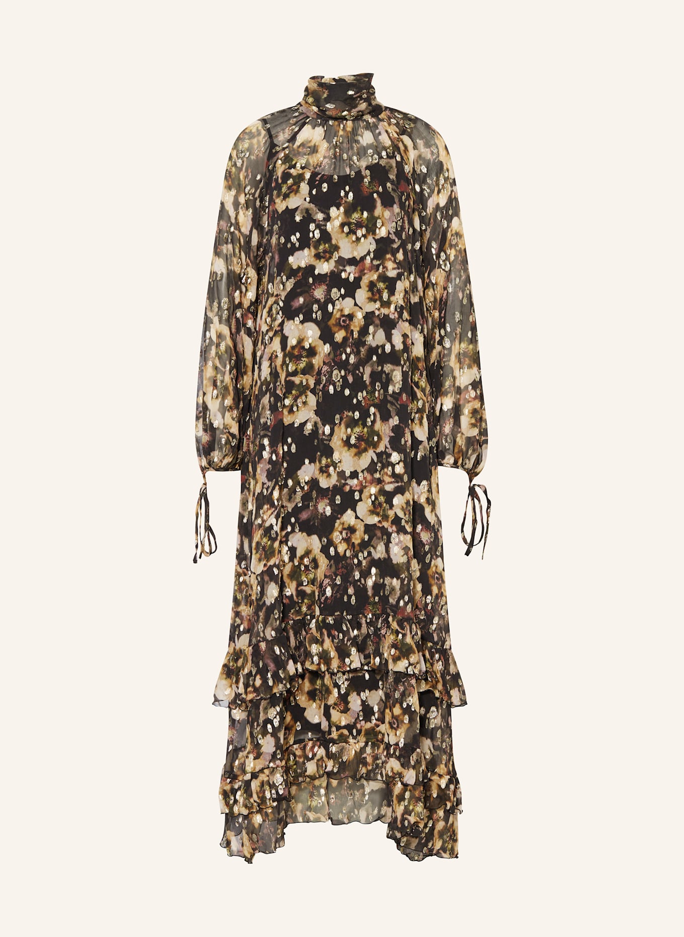 MRS & HUGS Seidenkleid mit Volants und Glitzergarn: SCHWARZ / BEIGE / GOLD