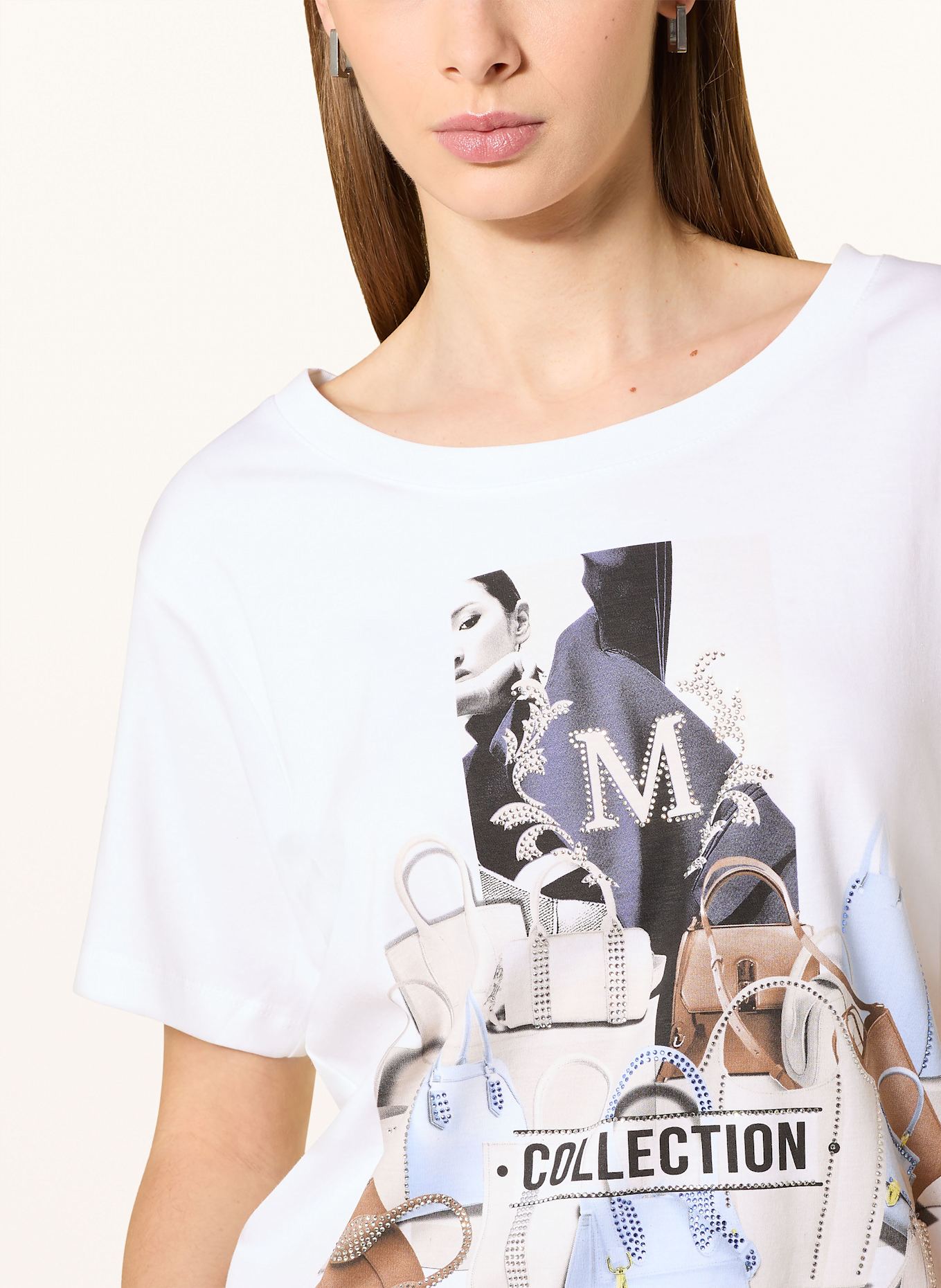 monari T-Shirt mit Schmucksteinen: WEISS/ HELLBLAU/ BRAUN